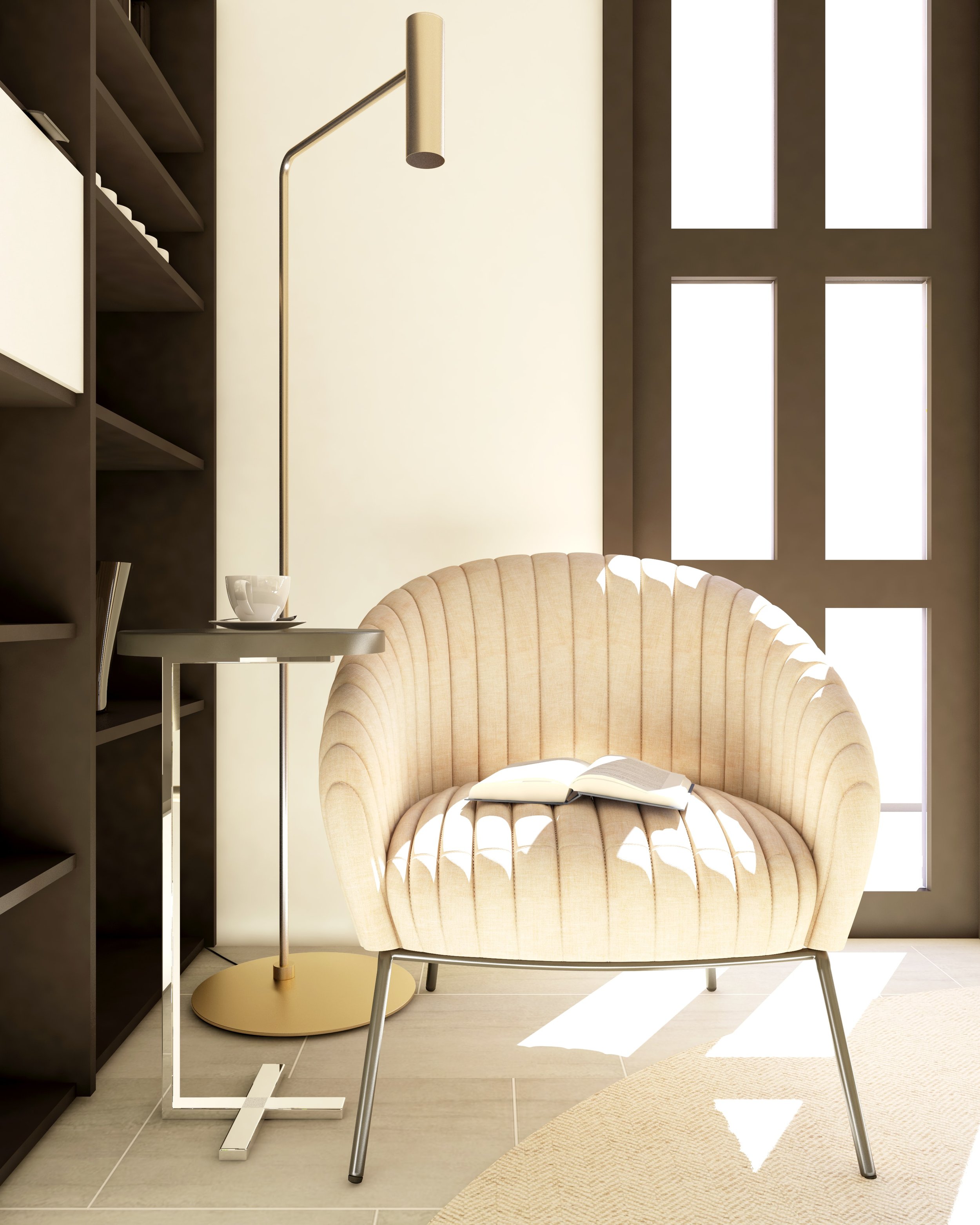 A cozy reading nook with a beige, upholstered armchair with vertical channel tufting, a small side table with a white bowl, a tall gold floor lamp, and a window with multiple rectangular panes allowing natural light. There is a beige circular rug on a light-colored tiled floor.
