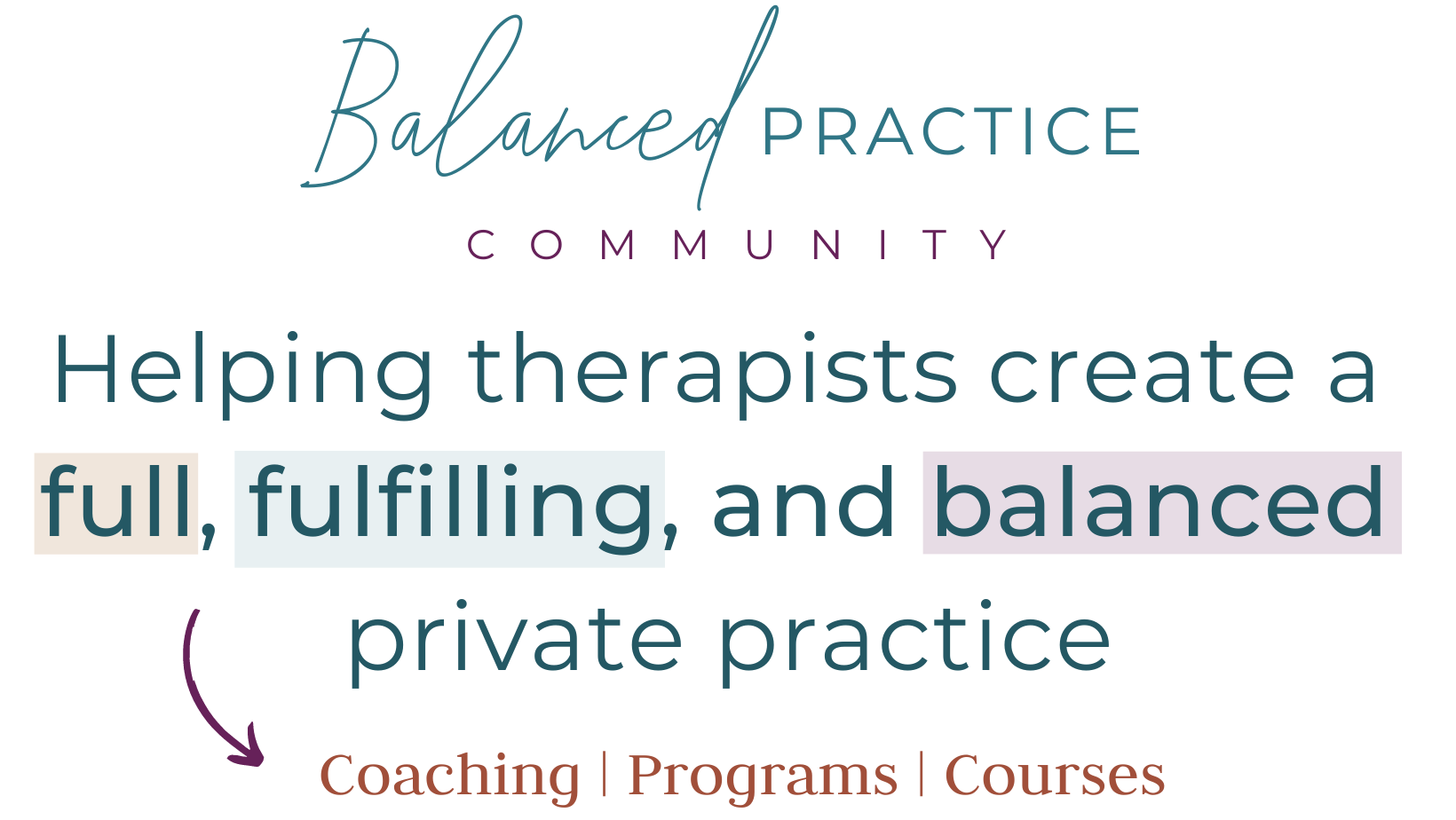 Text-based graphic promoting Balanced Practice Community, helping therapists create a full, fulfilling, and balanced private practice with coaching, programs, and courses.