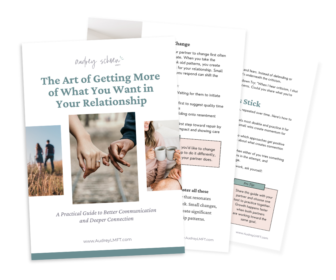 Cover of a guide titled "The Art of Getting More of What You Want in Your Relationship" with a picture of two people holding hands on a path, and a small photo of a woman holding cups of coffee.