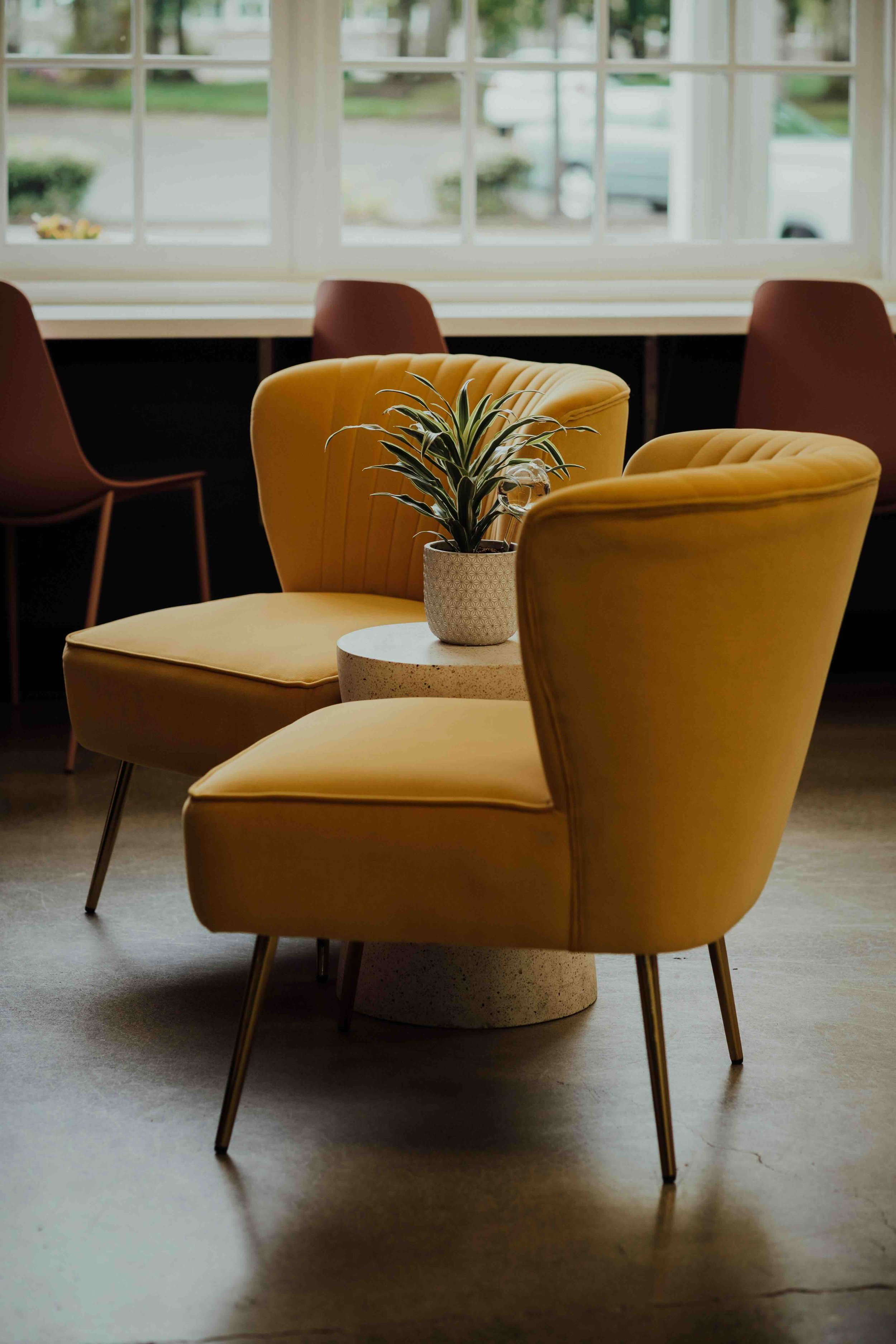 Yellow upholstered chairs around a small round table with a potted plant in a beige pot, in front of a large window with a view of cars outside.