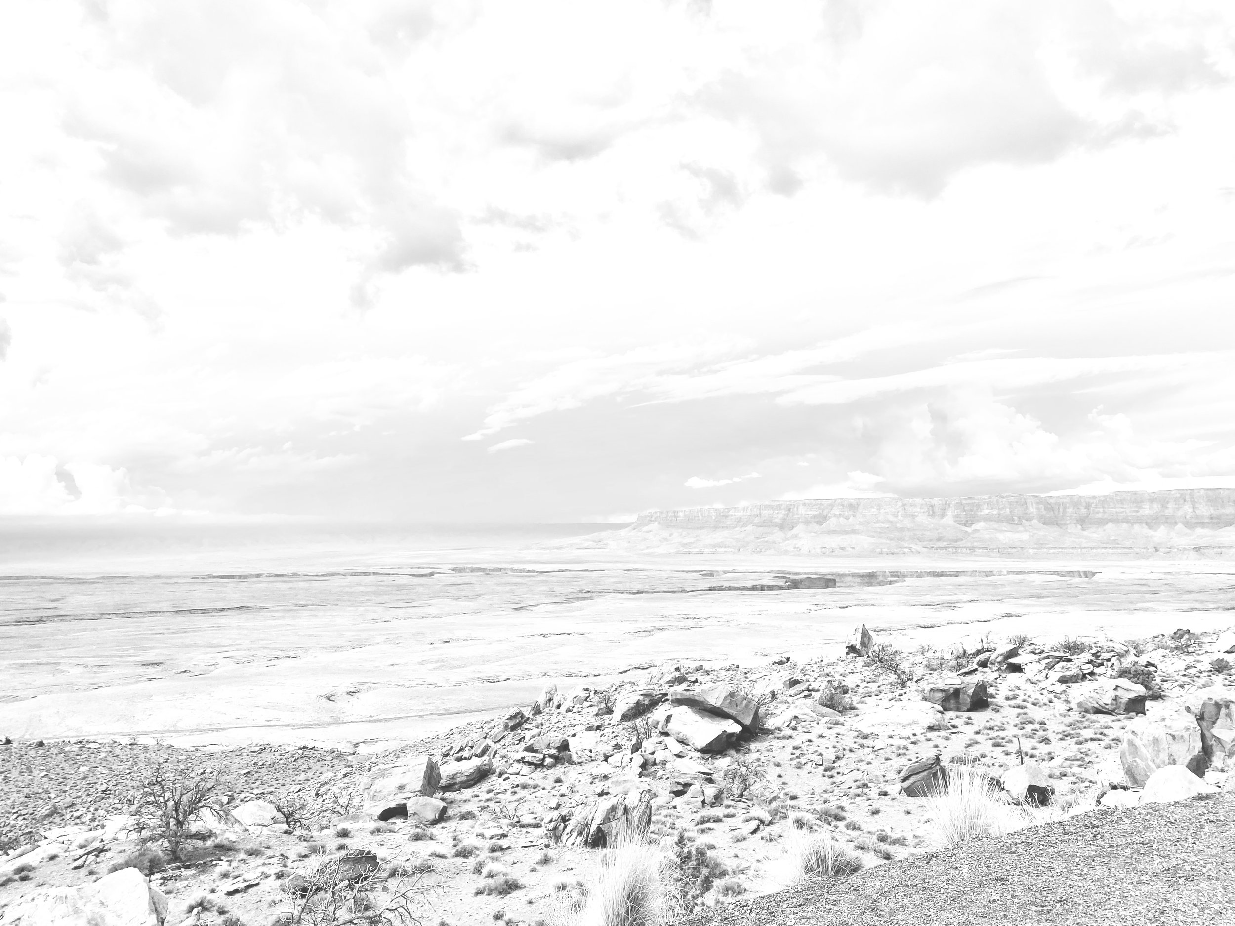 Black and white landscape photograph featuring dramatic canyon walls and expansive desert terrain.