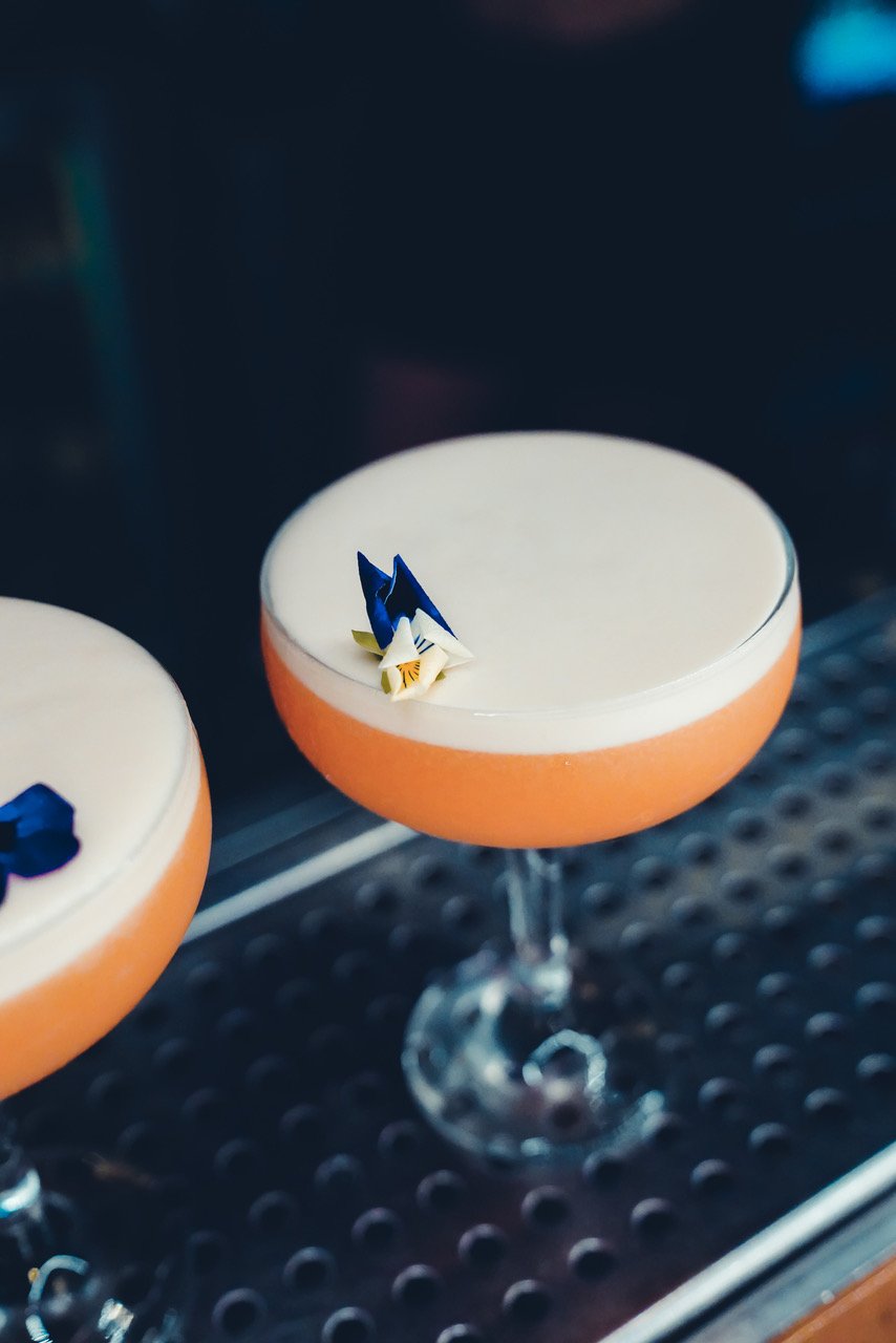 Two pink cocktails in coupe glasses with white foam on top, garnished with blue and white decorative flowers.