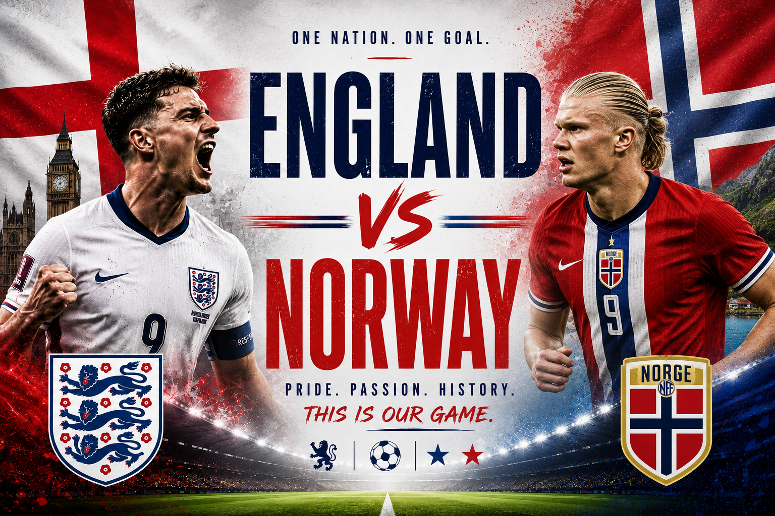 A promotional poster for a match between England and . The poster features a man in an England jersey on the left, shouting with excitement, and another man in a Panama jersey on the right, looking serious. The background includes the flags of both countries, the London skyline, and a soccer stadium. Text reads 'One Nation. One Goal. England vs Panama. Pride. Passion. History. This is our game.'