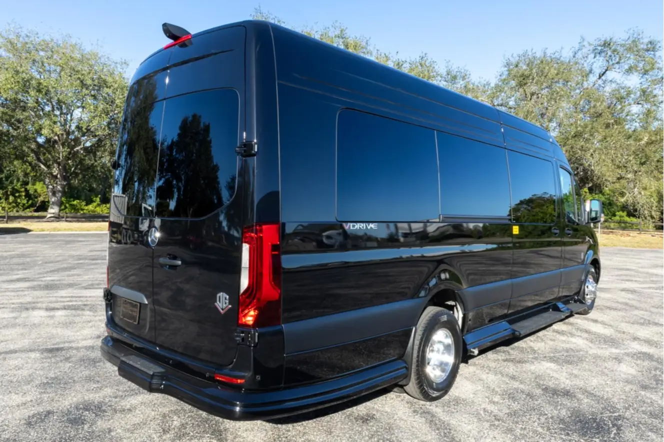 Black cargo van parked on gravel with trees and blue sky in the background.