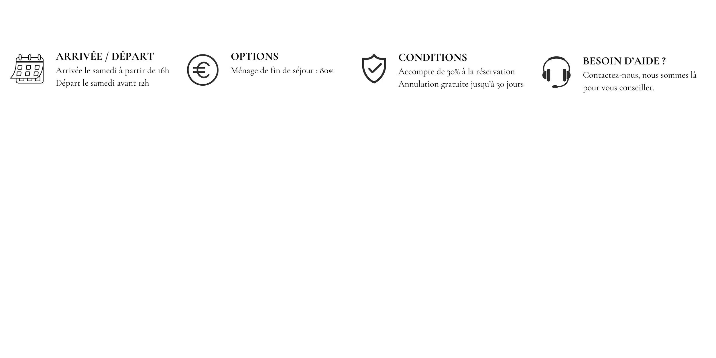 Informations en français concernant l'arrivée/départ, options, conditions et besoin d'aide, avec des icônes correspondantes