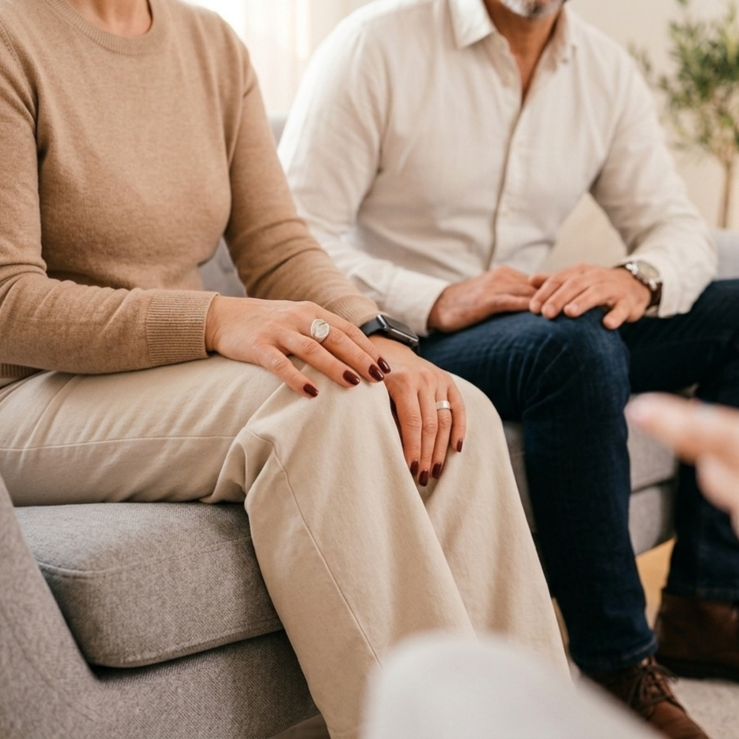 Zwei Menschen sitzen nebeneinander auf einem Sofa, ihre Hände sind sichtbar. Sie tragen Pullover und Hemden und scheinen im Gespräch vertieft zu sein.