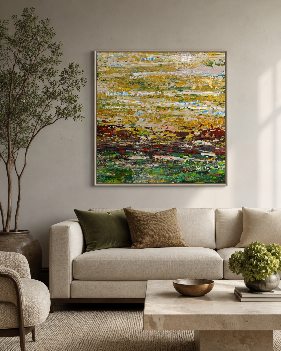 The Marsh Dreams in Gold by Roya Rad, shown as a framed 30 × 30 inch painting in a refined living room interior.