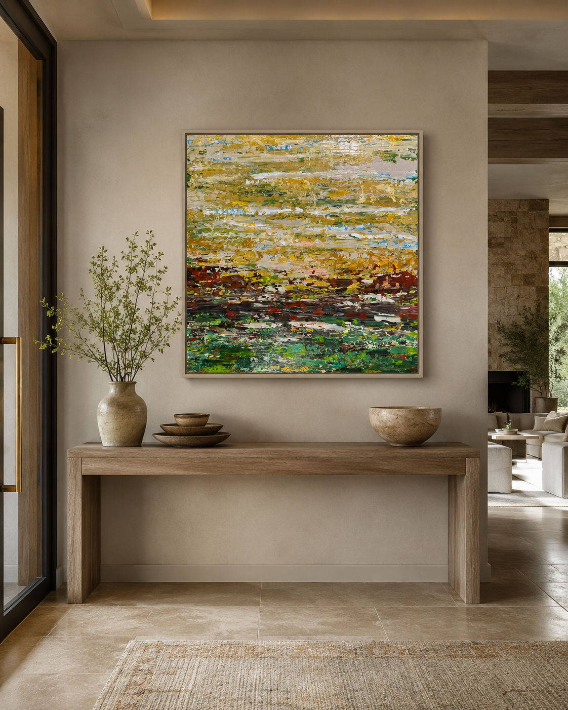 The Marsh Dreams in Gold by Roya Rad, shown as a framed 30 × 30 inch painting in a modern home interior for scale and styling reference.