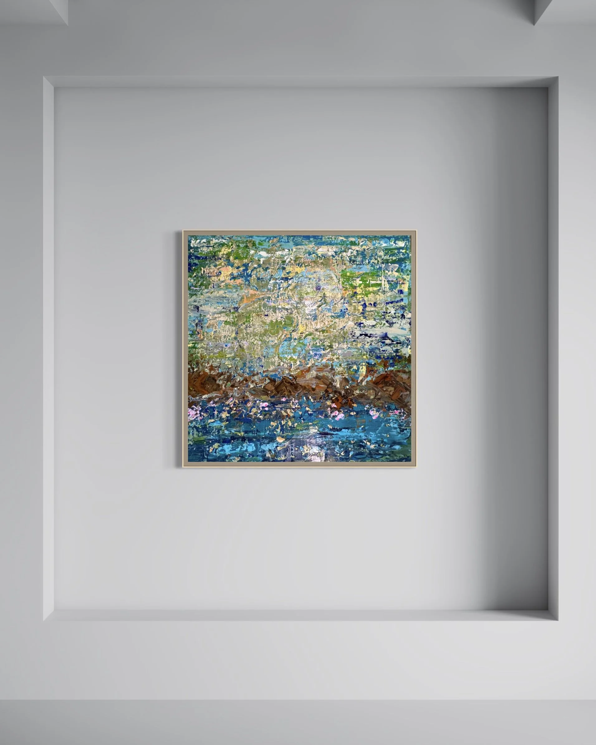 The Pond Dreams in Blue by Roya Rad framed above a cream bouclé armchair in a sunlit room with a brass floor lamp. Digital mockup for scale reference.