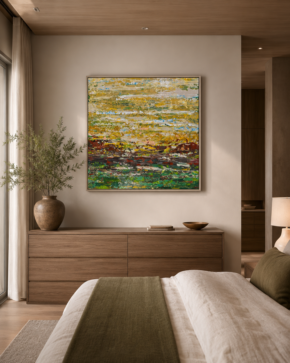 The Marsh Dreams in Gold by Roya Rad, shown as a framed 30 × 30 inch painting in a contemporary bedroom interior.