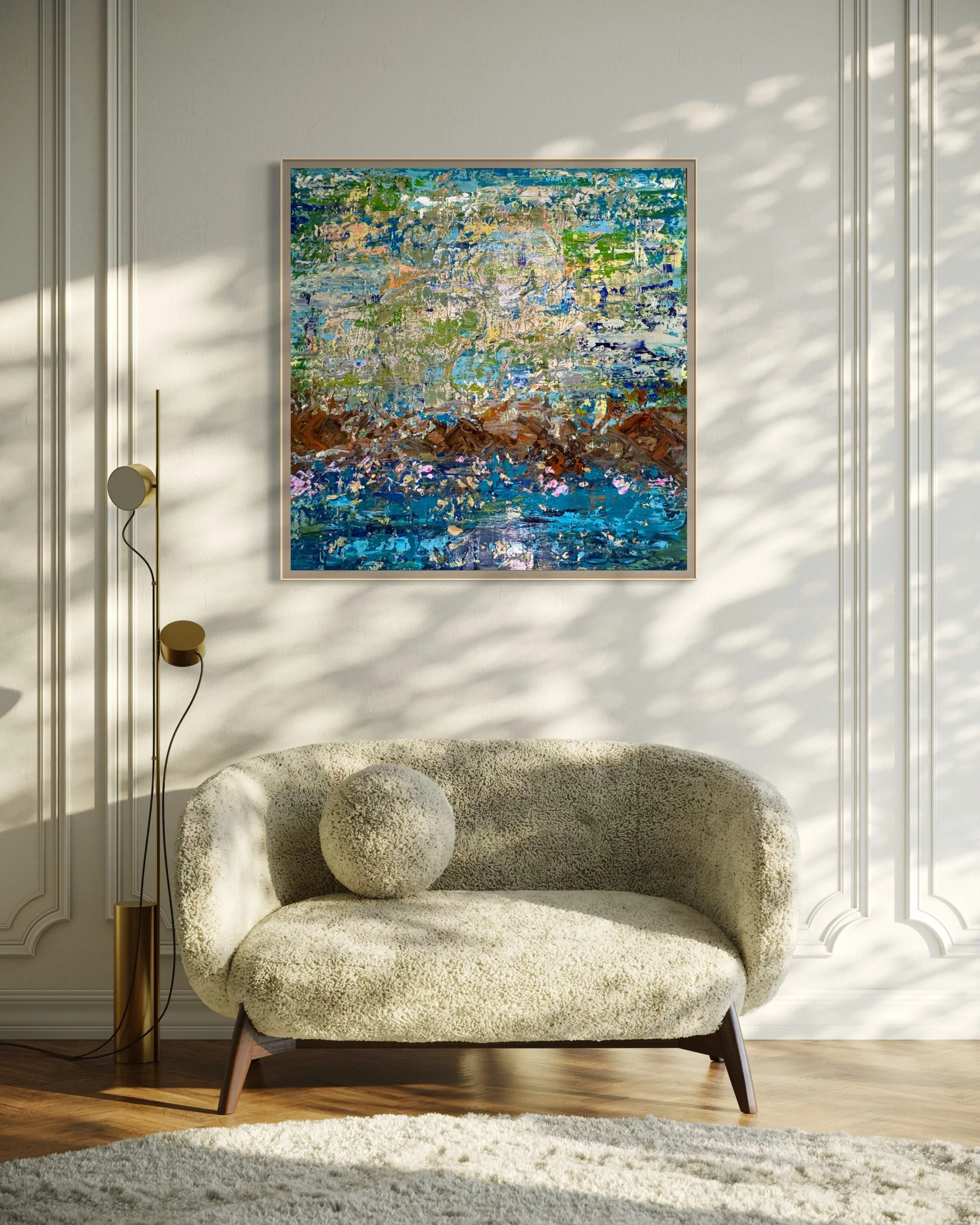 Detail view of The Pond Dreams in Blue by Roya Rad, showing the thick textured brushwork and layered blues, turquoise, greens, earthy browns, and touches of pink.