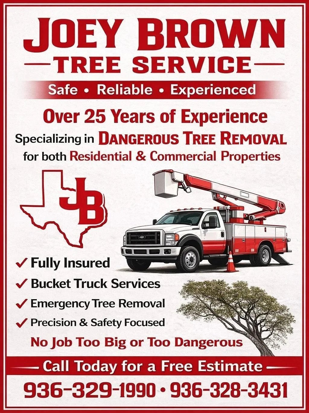 Advertisement for Joey Brown Tree Service with contact numbers, featuring a truck with a cherry picker, a Texas-shaped logo with 'JB', and a tree illustration.