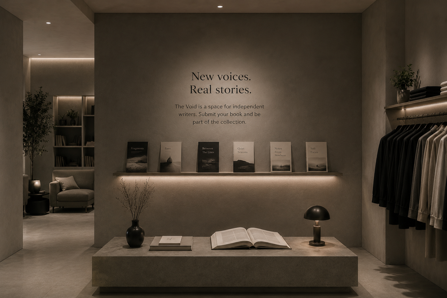 Interior of a minimalist bookstore or library with a shelf displaying books, a book open on a table, a small lamp, and a decorative vase with dried branches. A wall behind features text about a collection for independent writers.