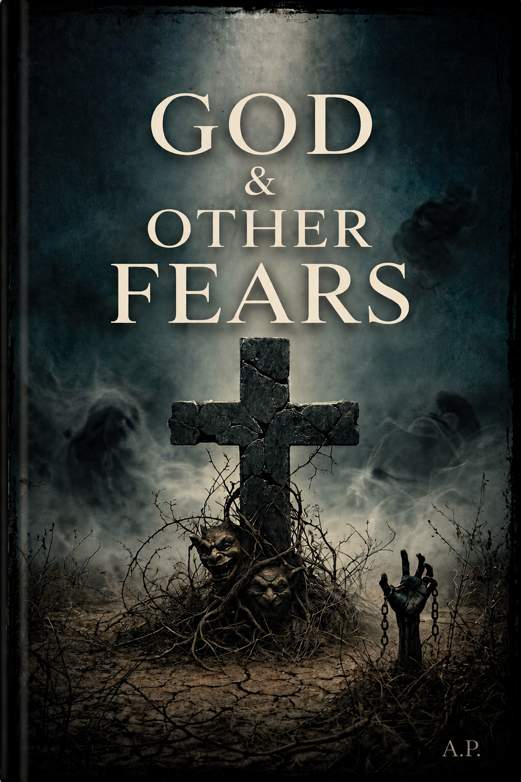 Book cover titled 'God & Other Fears' featuring a dark, eerie scene with a cracked cross, haunted masks, a chained hand, and a foggy background with black clouds.