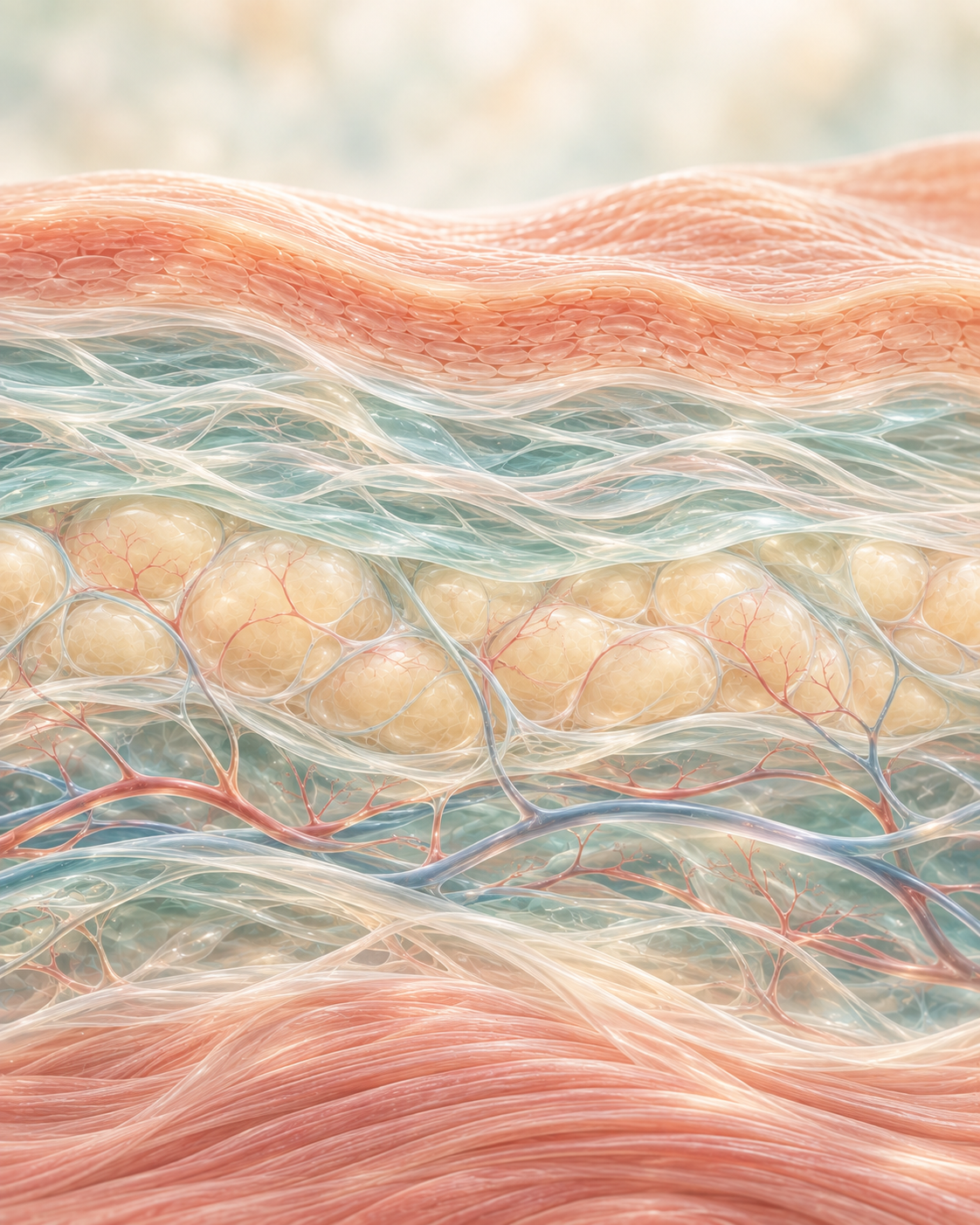 Translucent conceptual illustration of living skin, fascia, fatty tissue, delicate circulation, and muscle.