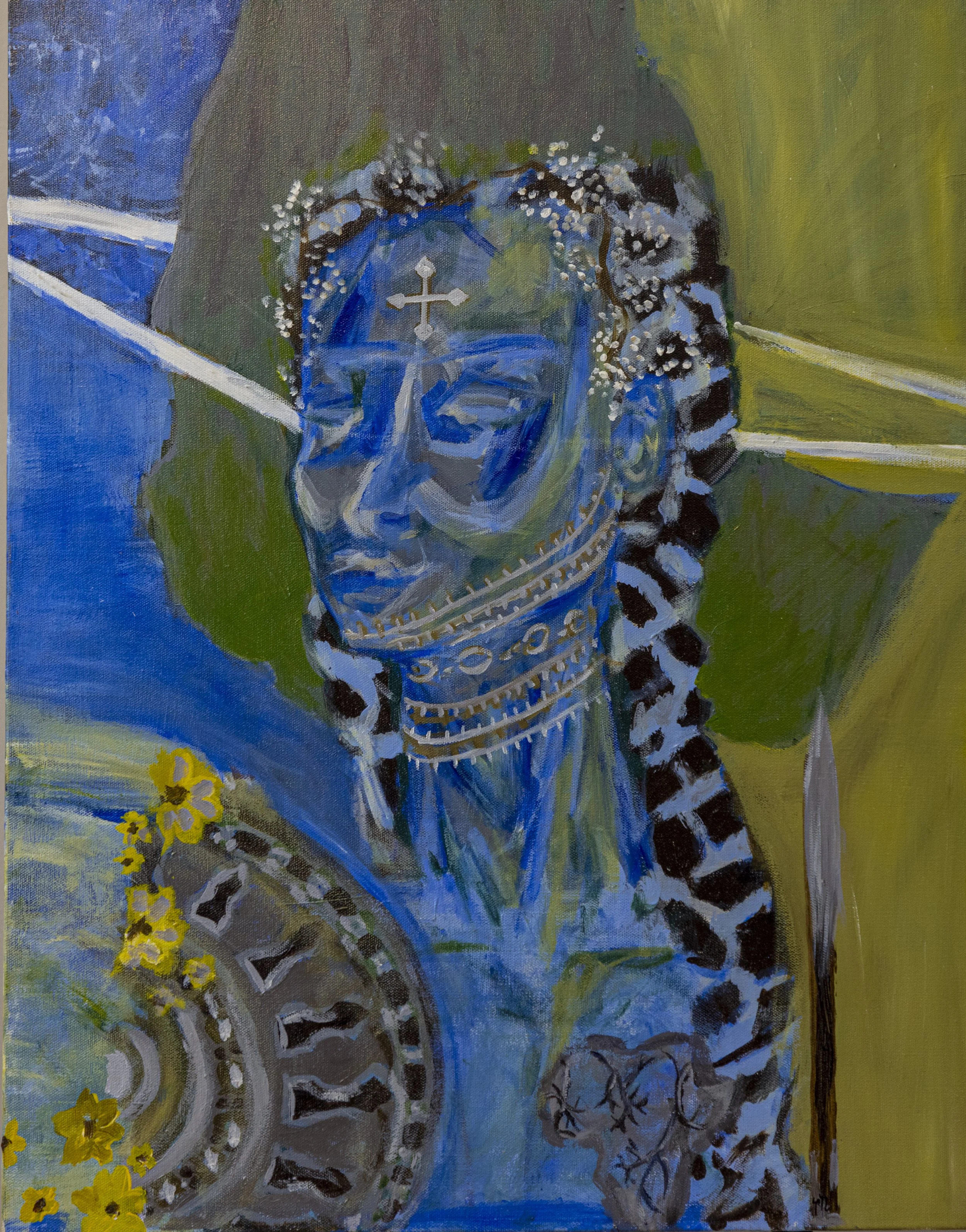 A painting of a woman with long braided hair wearing traditional Mexican attire with a cross necklace, surrounded by yellow flowers, set against a colorful abstract background with blue and green tones.