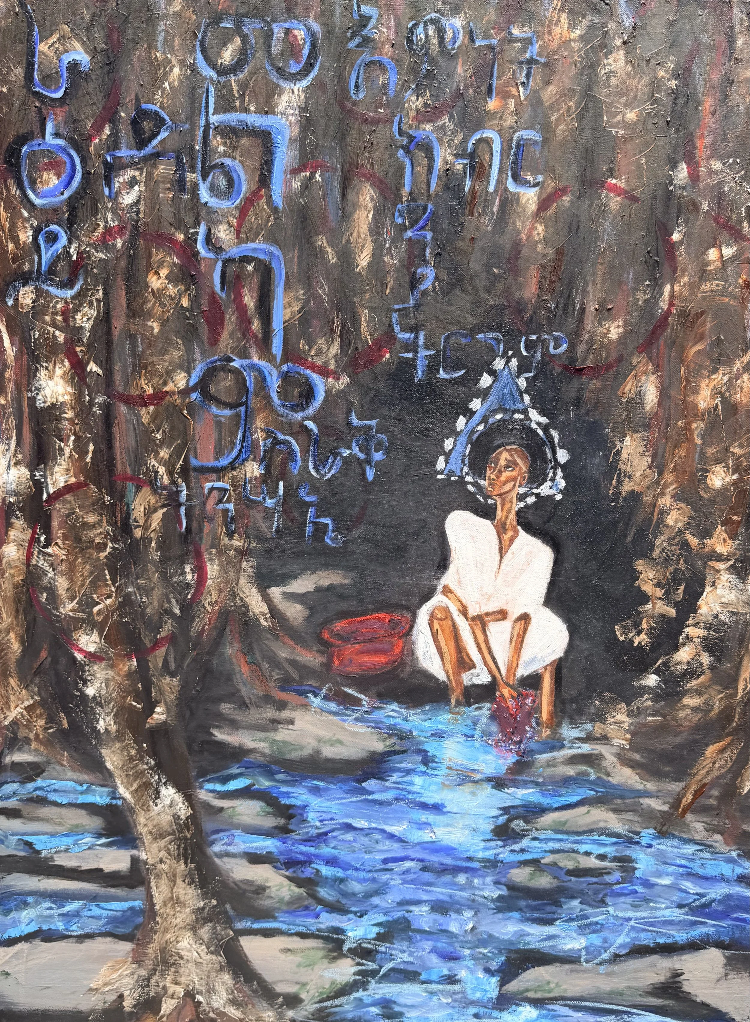 An abstract painting depicting a woman sitting by a body of water, surrounded by a dark background with blue, red, and white markings, and blue strings or lines hanging above.