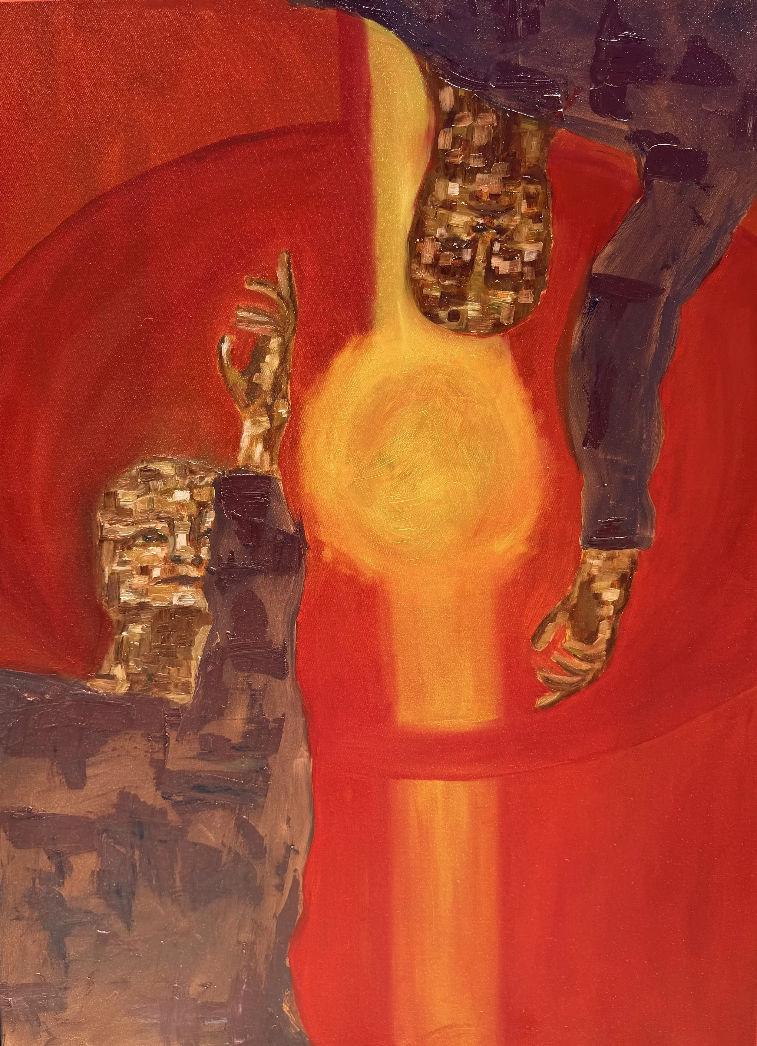 Abstract painting with a red background, a yellow-orange oval shape in the center, and textured dark brown and black elements resembling scissors and a ribbon.