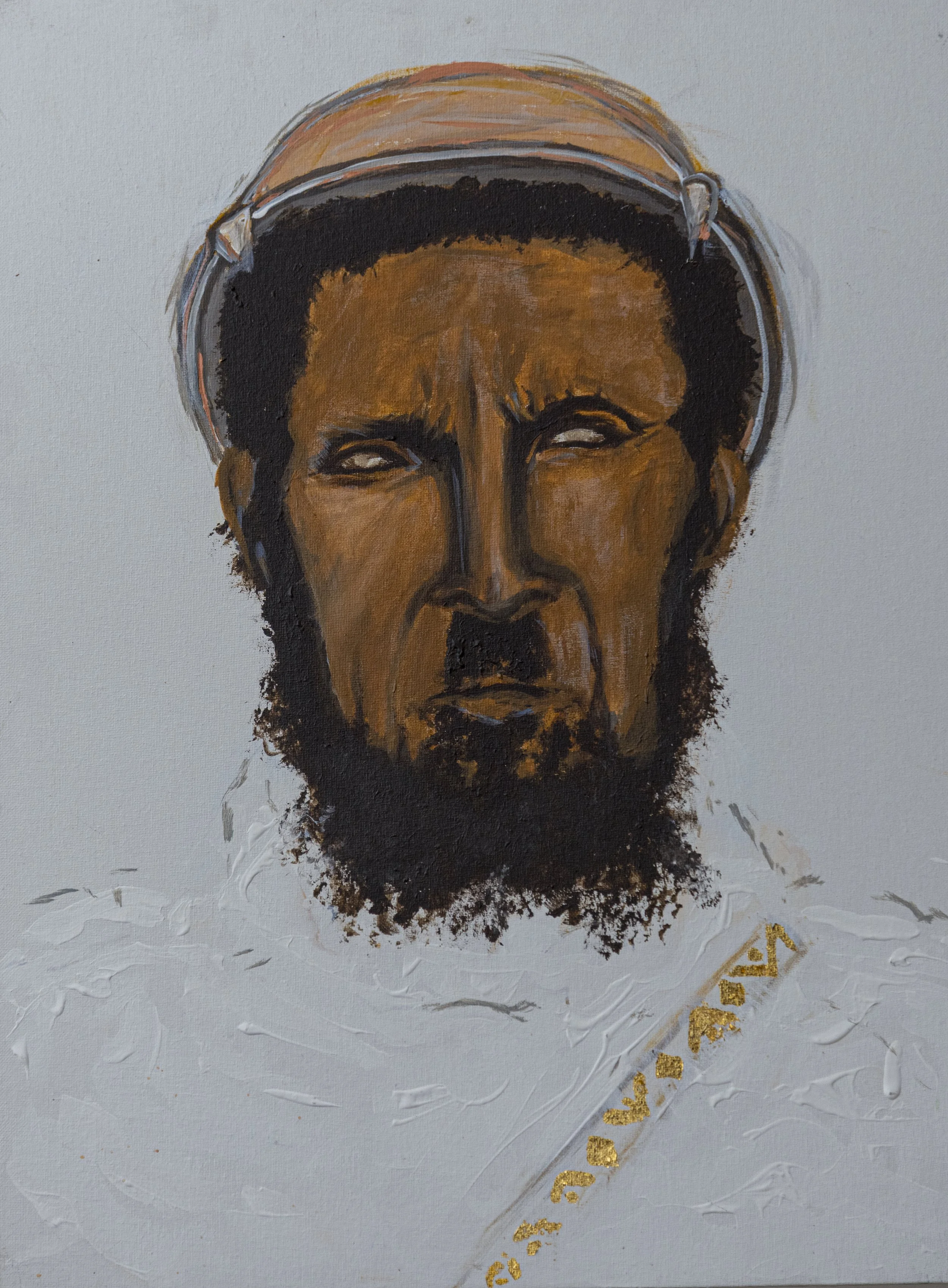 A portrait painting of a man with dark skin and curly hair, wearing a white shirt, with gold accents and text at the bottom right corner.
