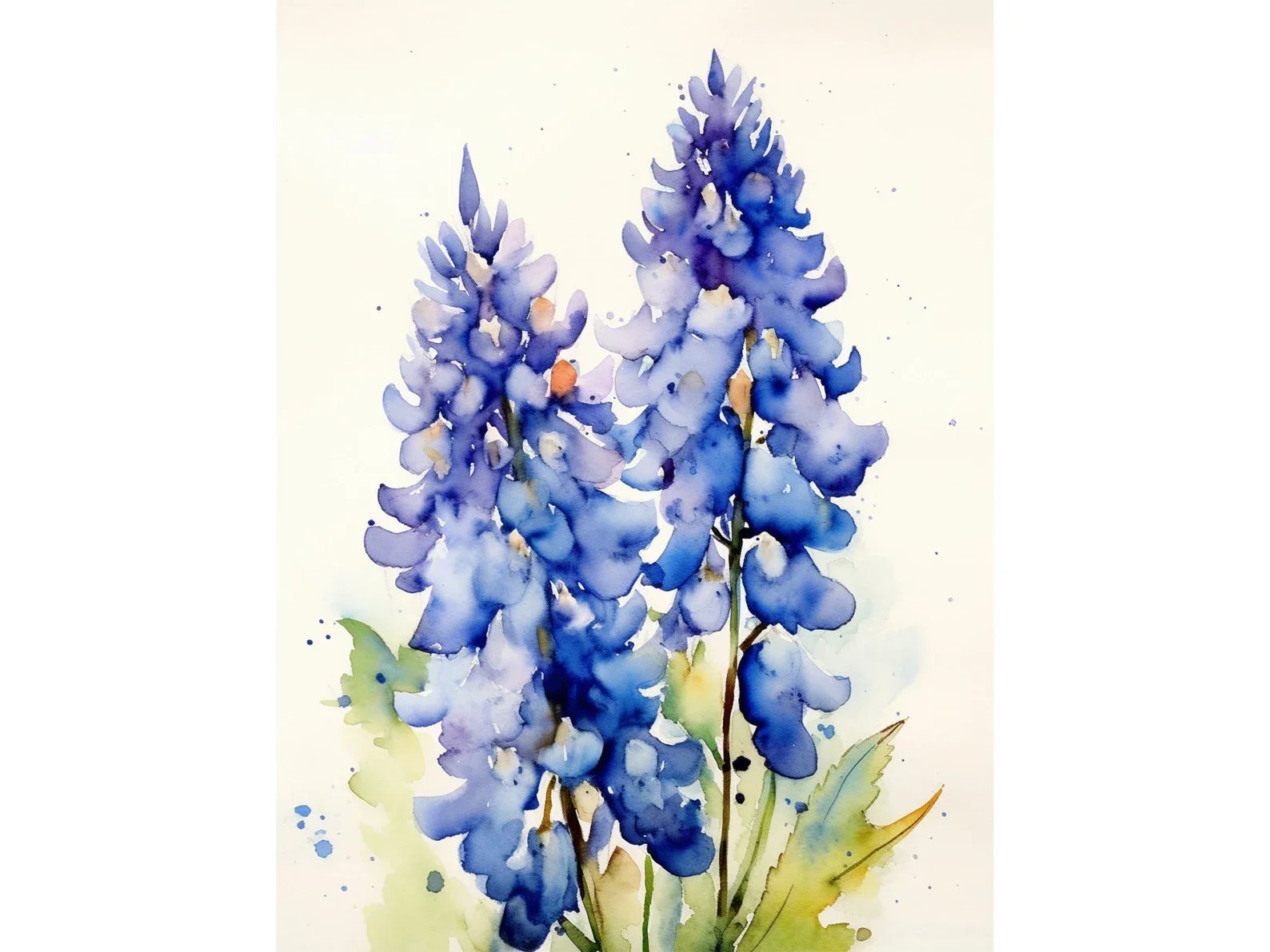 Watercolor painting of purple-blue lupine flowers with green leaves.