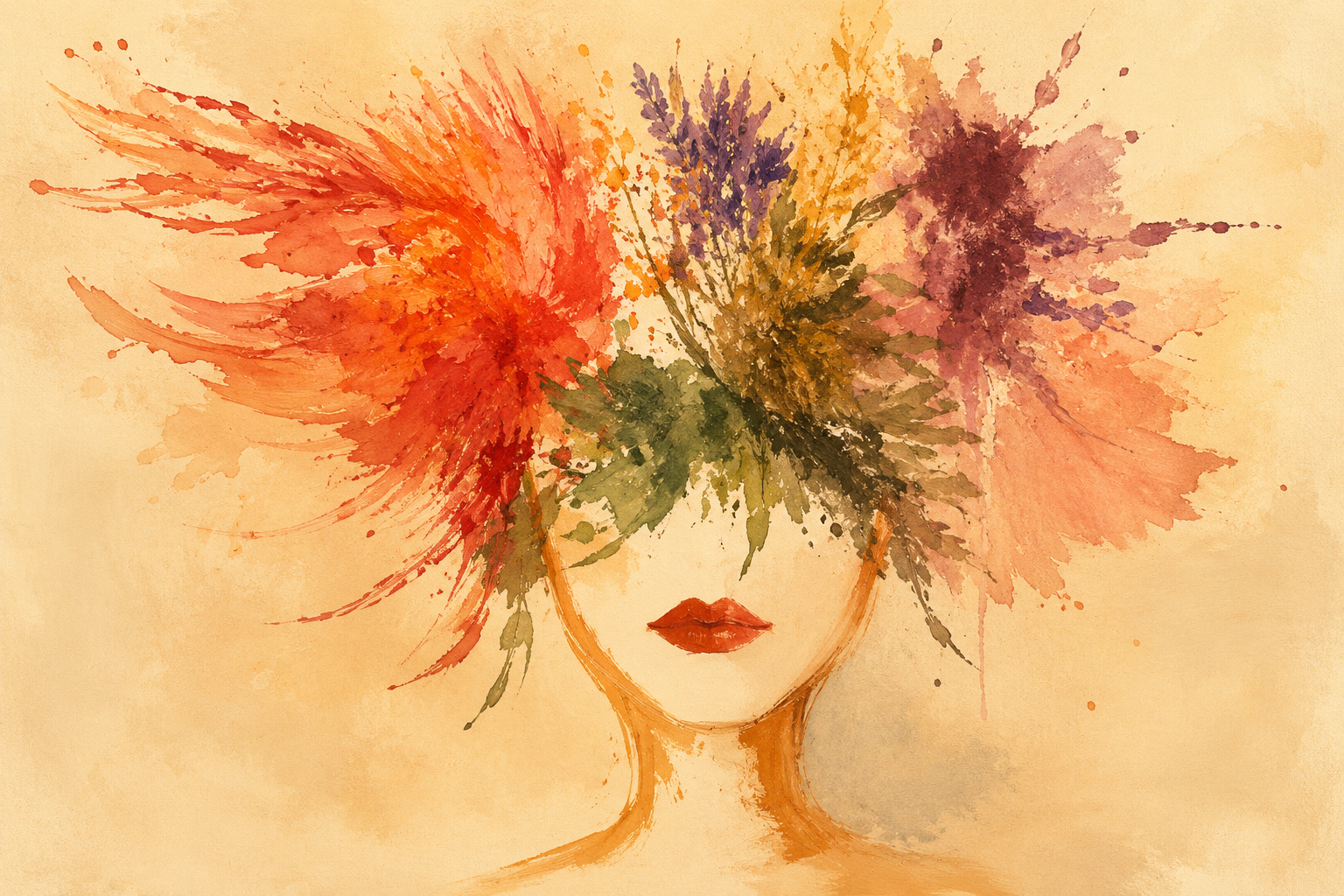 Watercolor painting of a woman with only her lips and neck visible, her eyes hidden behind a large, colorful bouquet of flowers in shades of orange, purple, and pink.