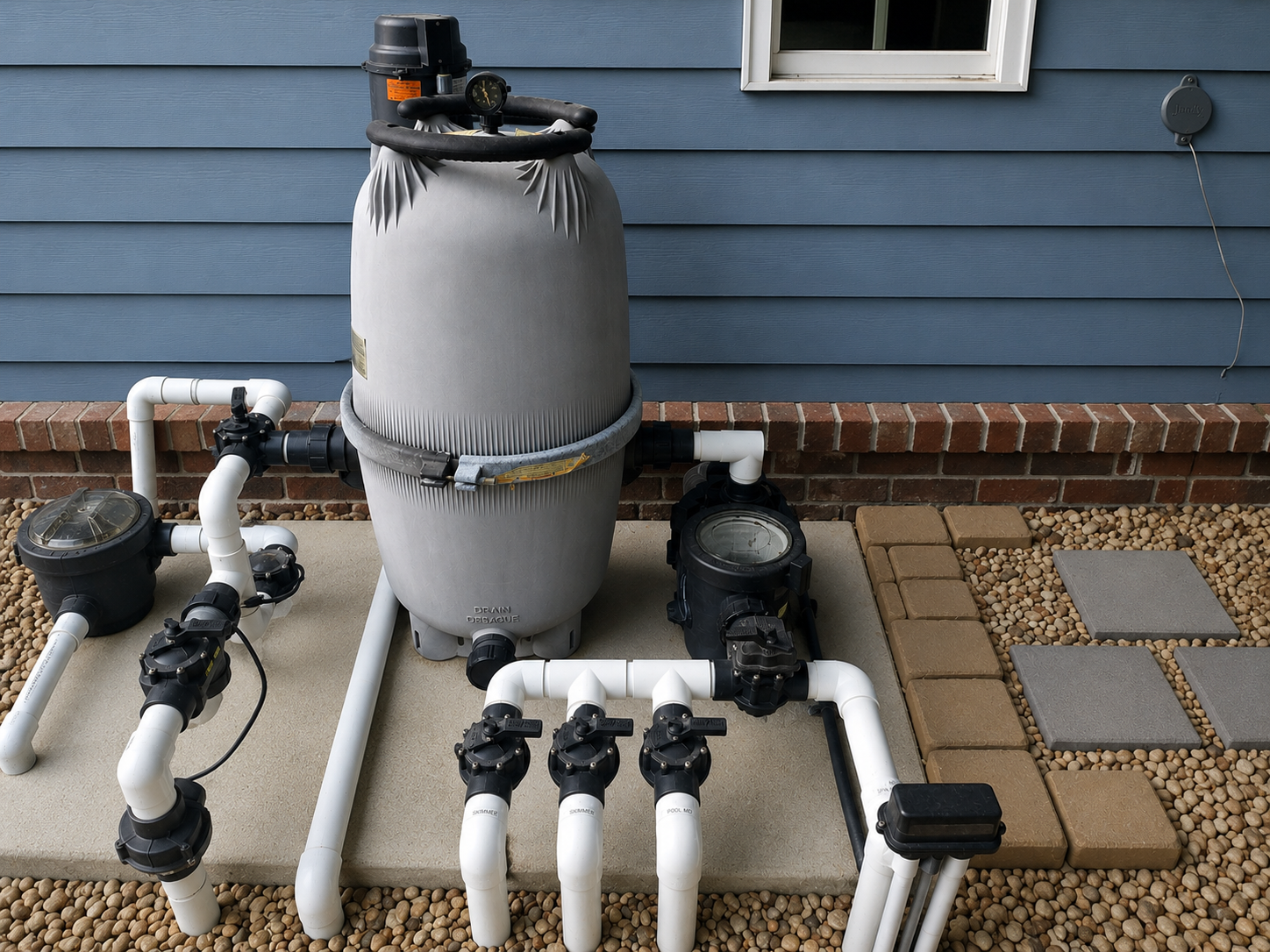 An above-ground pool filter system serviced by AB Premium Aqua Solutions with white pipes, a large grey filter, and a black pump next to a blue house wall with a small window and a grey electrical box.