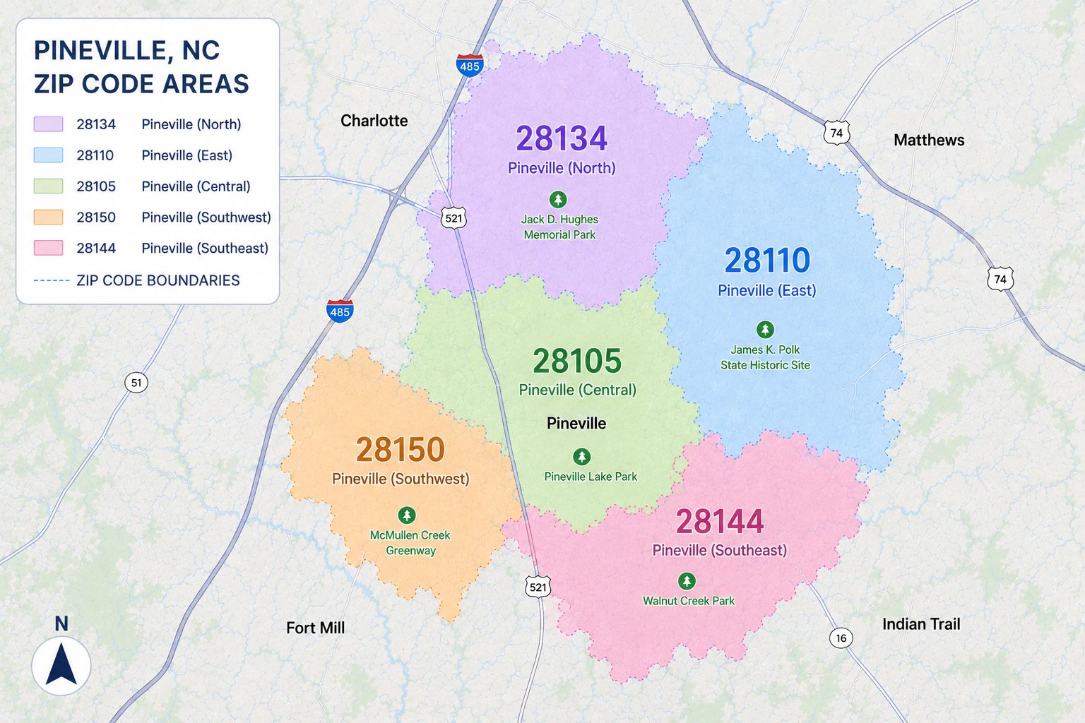 Map of Pineville, North Carolina, showing ZIP code areas in different colors: 28134 (North, purple), 28110 (East, blue), 28105 (Central, green), 28150 (Southwest, orange), and 28144 (Southeast, pink).