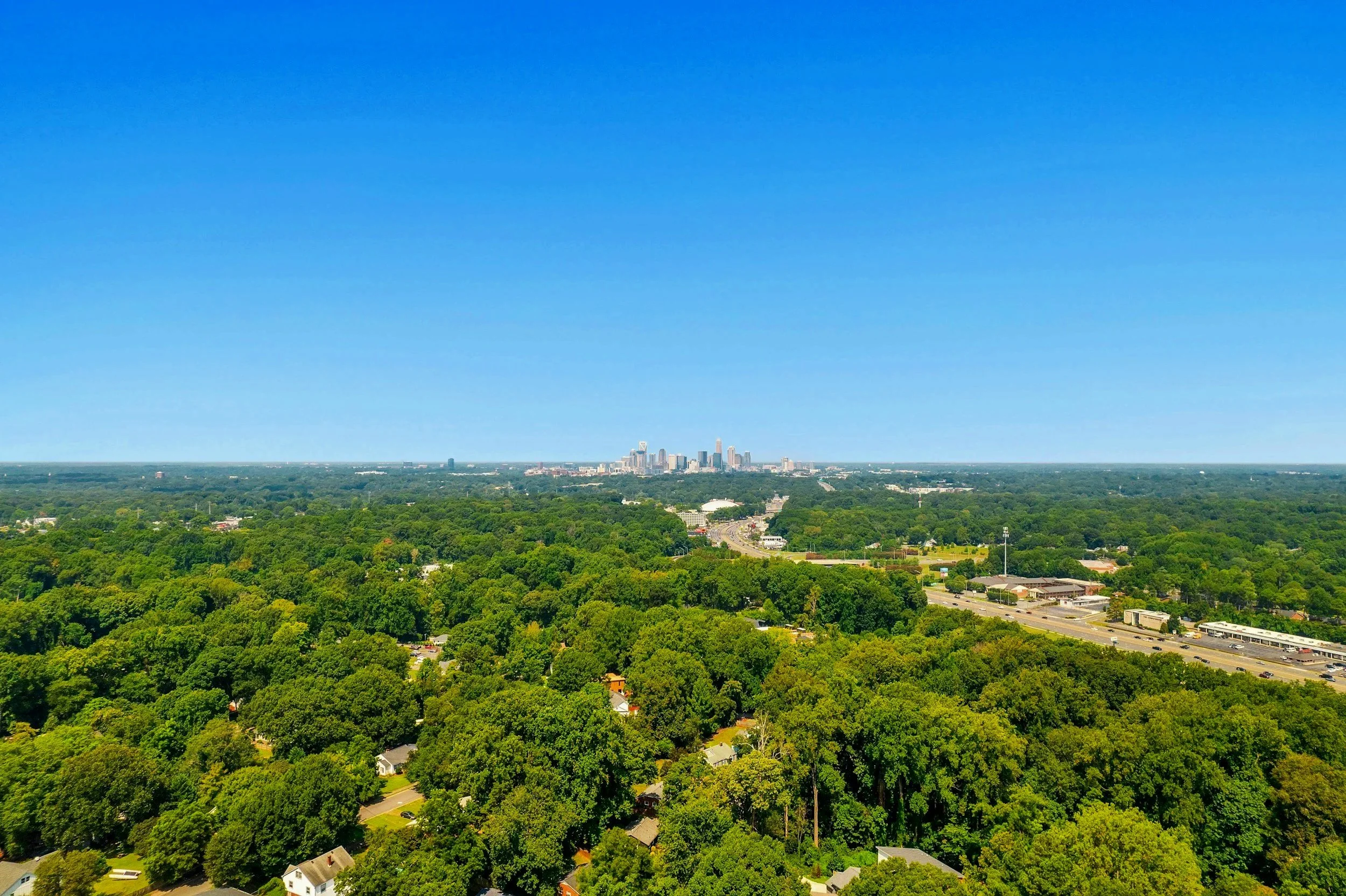 View of the Charlotte, NC skyline and surrounding areas serviced by AB Premium Aqua Solutions, with lush green trees in the foreground and a bright blue sky overhead.