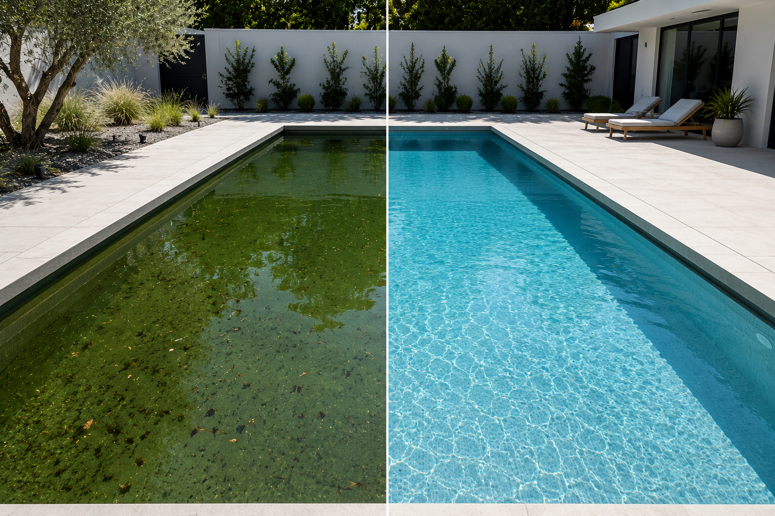 Comparison of two swimming pools: the left pool is covered with green algae, and the right pool is clean with clear blue water, in a modern backyard with lounge chairs and plants after being serviced by AB Premium Aqua Solutions.