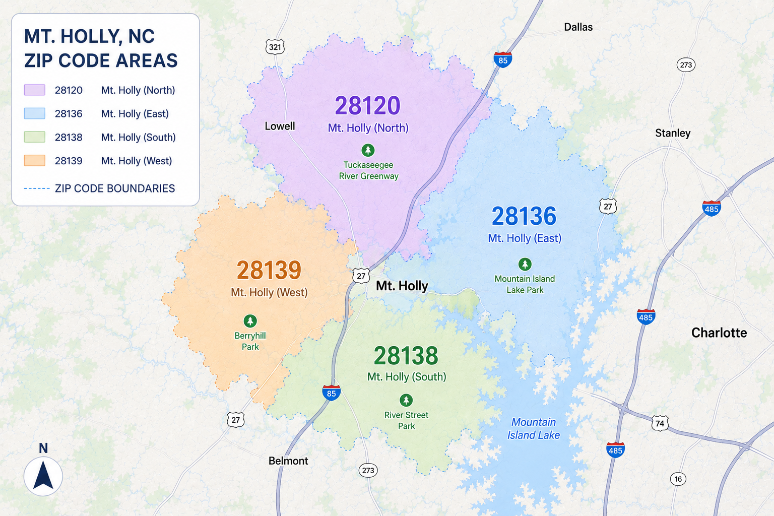 Map showing ZIP code areas in Mount Holly, North Carolina, with color-coded zones for North (purple 28120), East (blue 28136), South (green 28138), and West (orange 28139) sections, marked landmarks including Tuckaseegee River Greenway, Mountain Island Lake Park, Berryhill Park, River Street Park, and city highways.