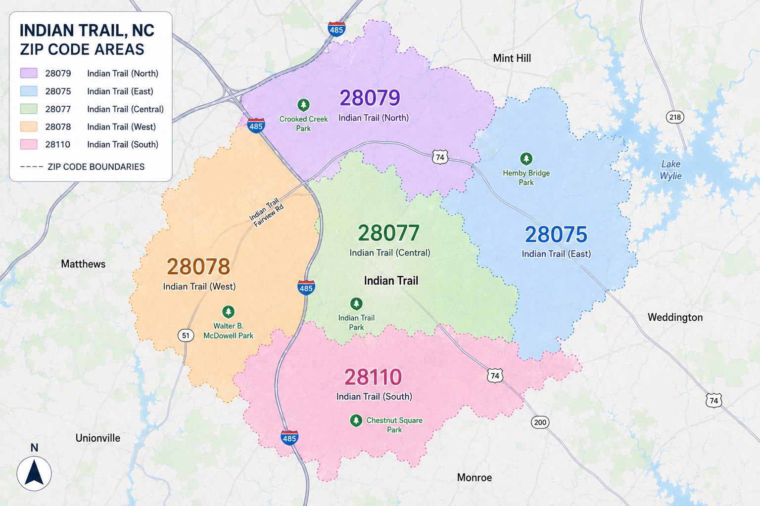 A color-coded map of Indian Trail, North Carolina, showing ZIP code areas 28075 (East), 28077 (Central), 28078 (West), 28079 (North), and 28110 (South), with landmarks such as Crooked Creek Park, Walter B. McDowell Park, Chestnut Square Park, and Hemby Bridge Park.