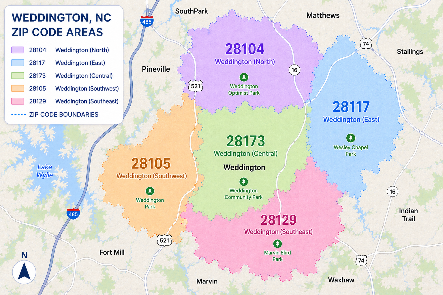 Map of Weddington, North Carolina zip code areas with color-coded regions for 28104, 28117, 28173, 28105, and 28129, showing local parks and nearby towns.