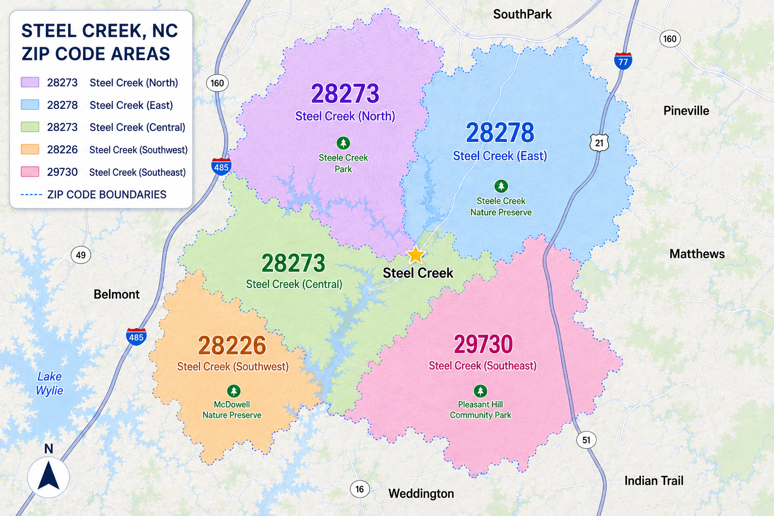 Map of Steel Creek, NC ZIP code areas, showing five distinct regions in different colors with ZIP codes 28273, 28278, 28226, and 29730, along with park locations and major highways.