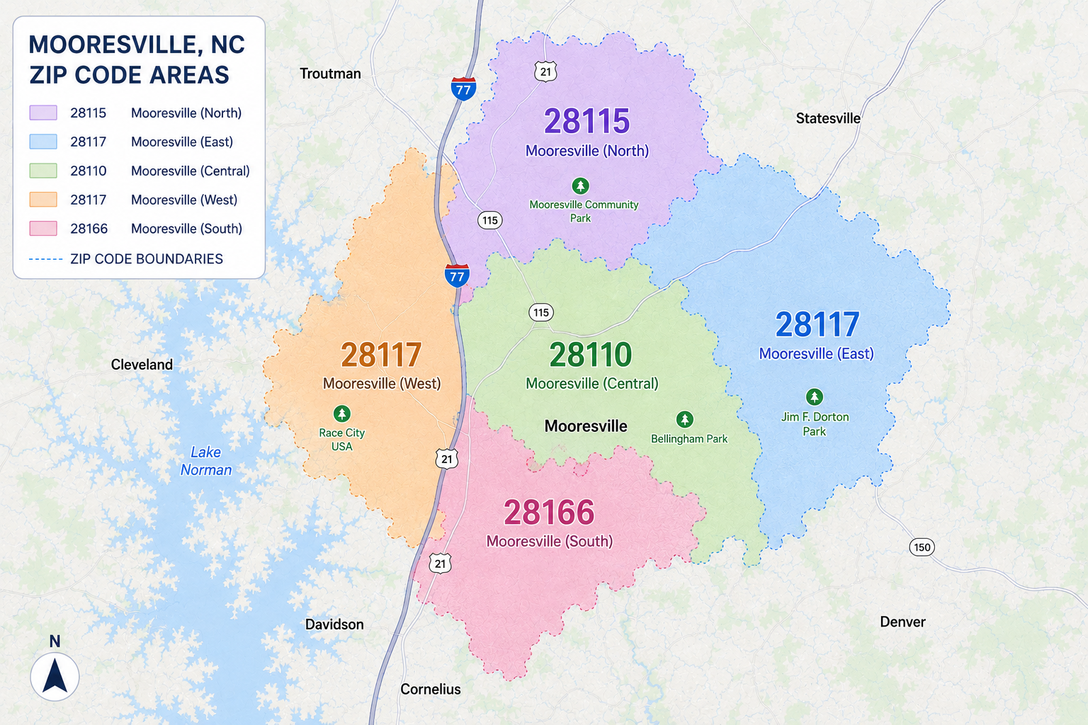 Map of Mooresville, North Carolina zip code areas with color-coded regions for each ZIP code: 28115 (North), 28117 (East), 28110 (Central), 28117 (West), and 28166 (South). The map includes highways, parks, lakes, and nearby cities, with a legend on the top left.