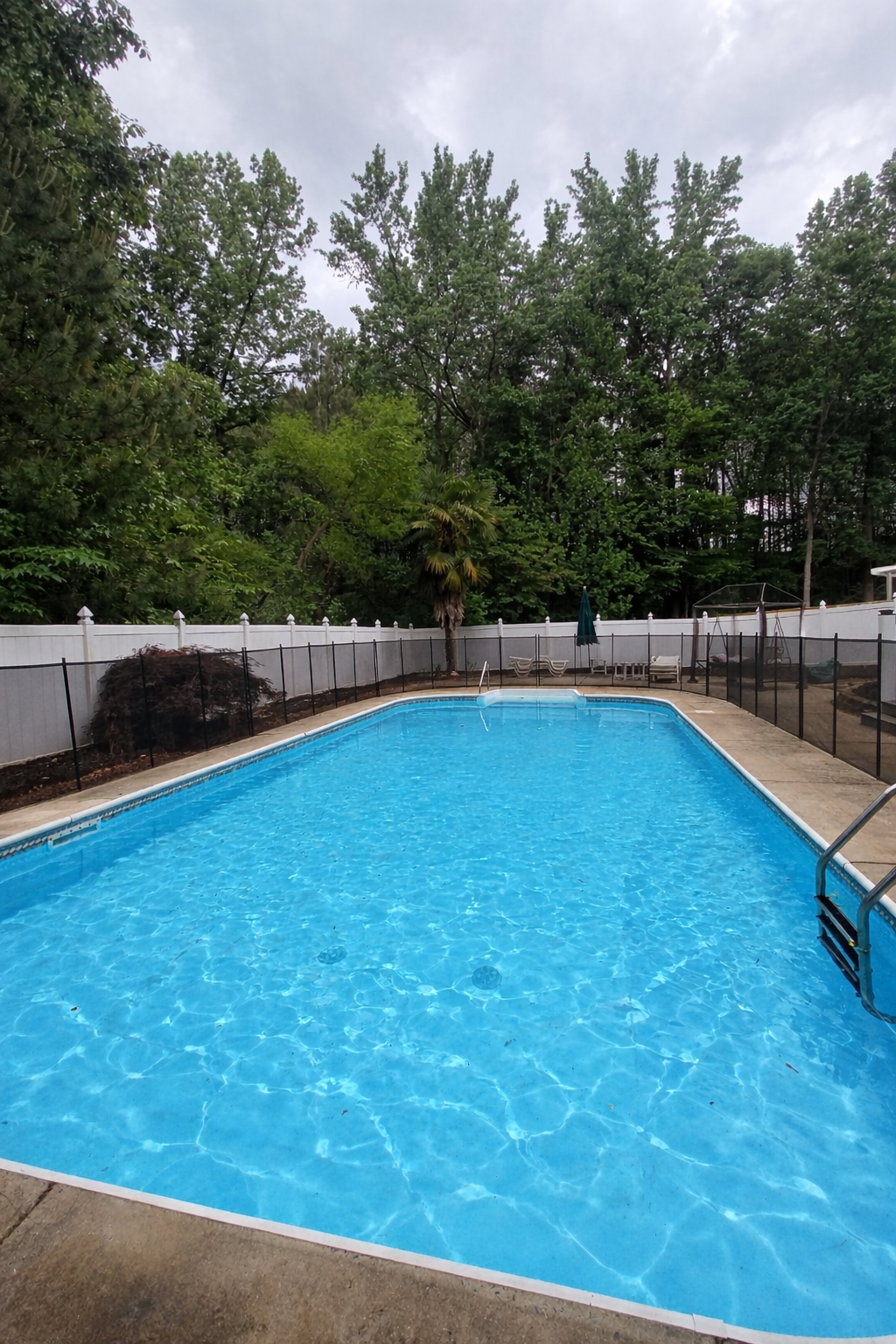 An outdoor backyard swimming pool serviced by AB Premium Aqua Solutions, with a white fence, surrounded by lush green trees and a cloudy sky overhead.