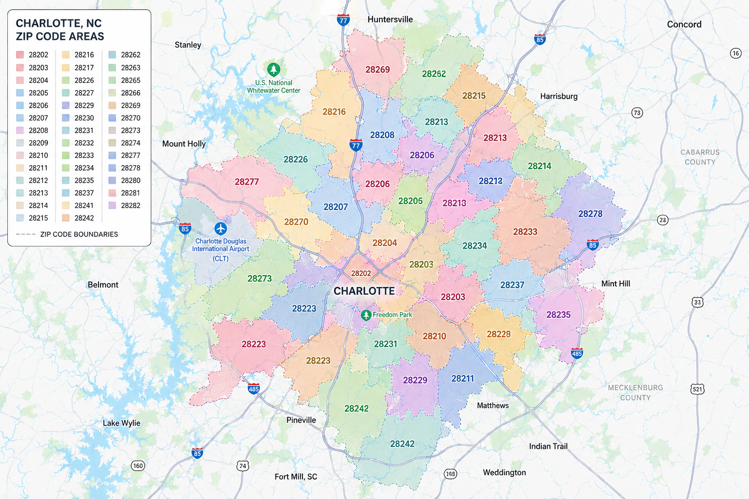 Map of Charlotte, North Carolina showing ZIP code areas, with labels and boundaries, and nearby landmarks including Charlotte Douglas International Airport and U.S. National Whitewater Center.