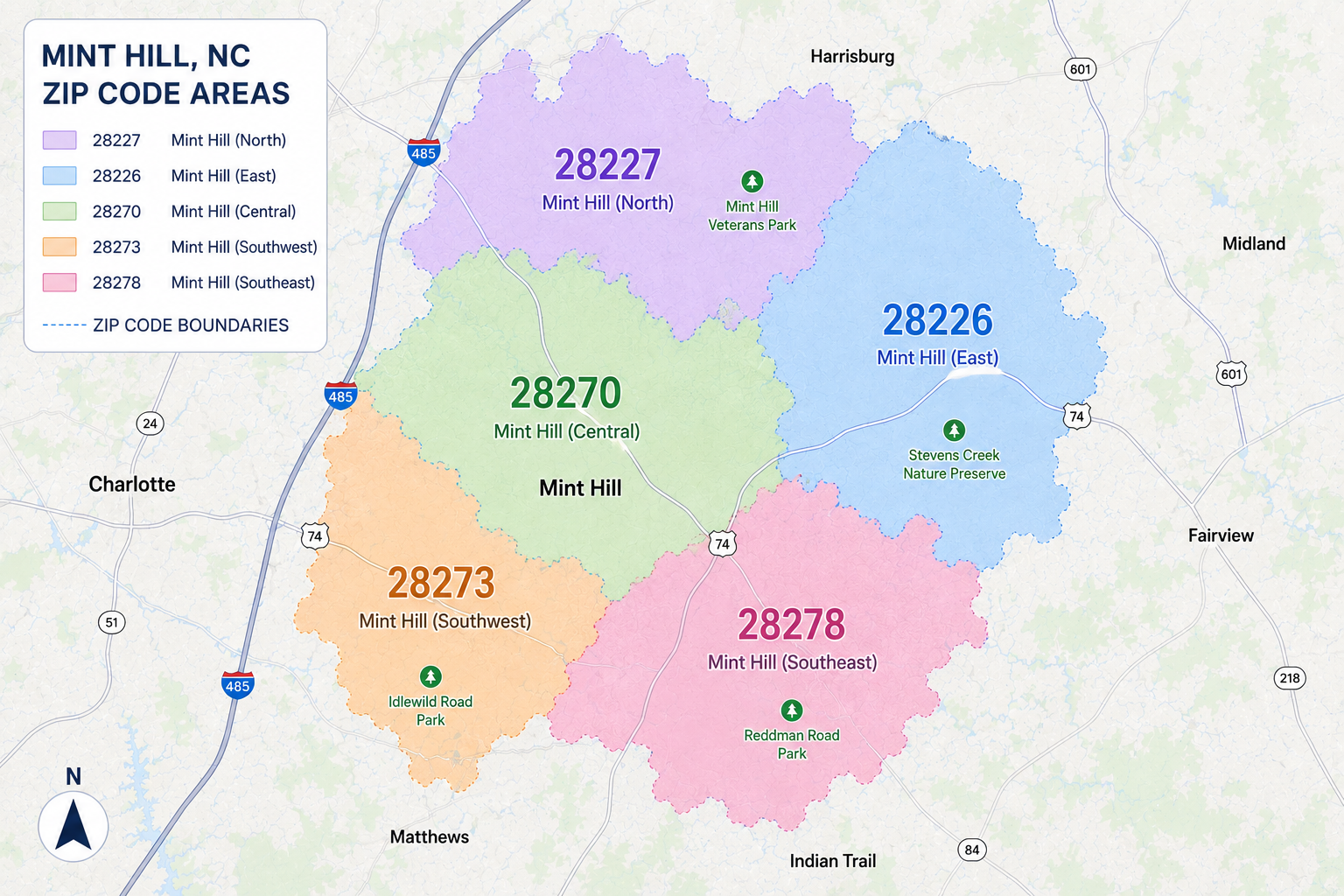 Map of Mint Hill, North Carolina, showing zip code areas 28227, 28226, 28270, 28273, and 28278 with boundaries, highways, and parks.