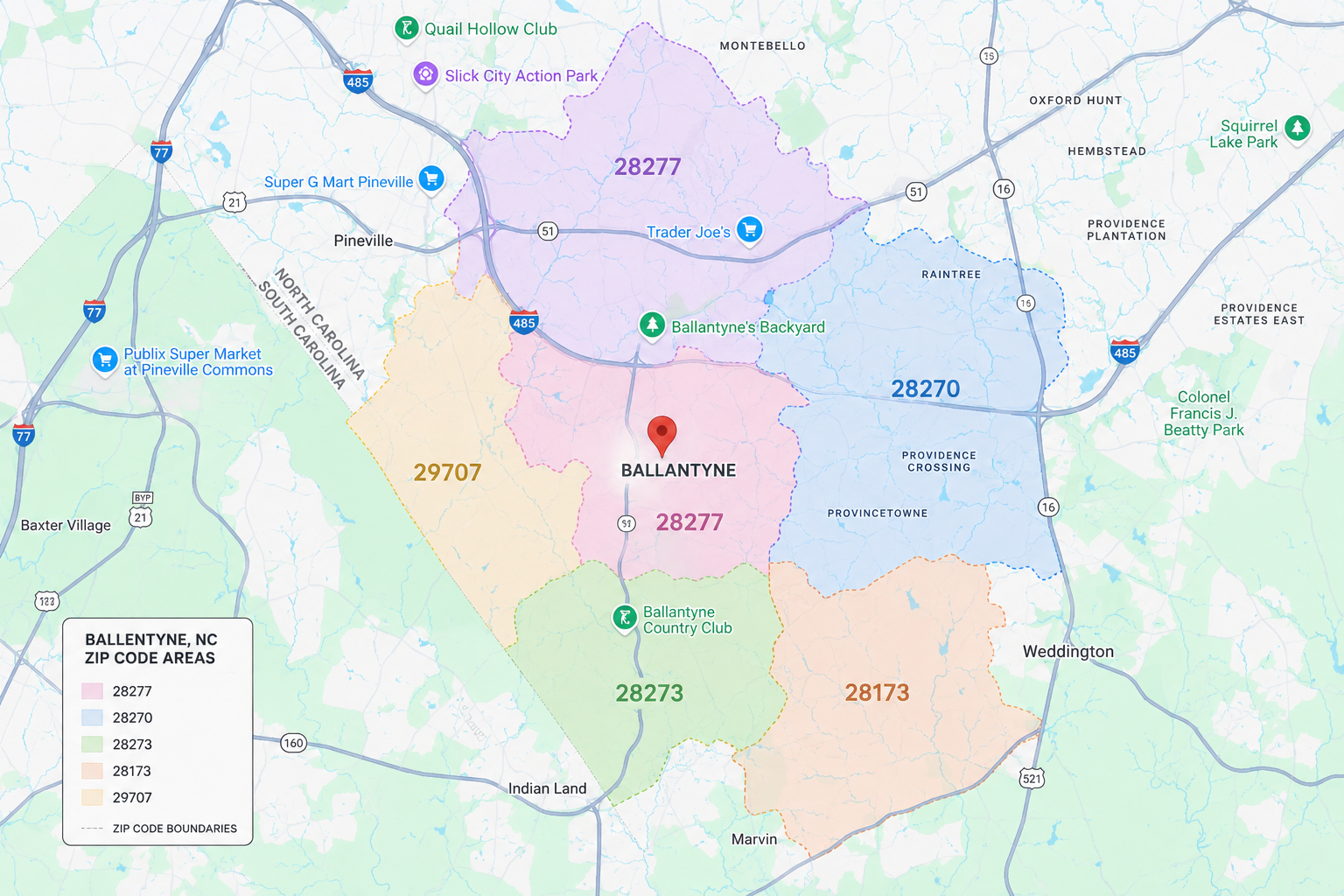 Map of AB Aqua Solutions service area in Ballantyne, North Carolina, showing ZIP code areas 28277, 28270, 28273, 28173, and 29707 with boundaries and markers for local parks, clubs, and stores.