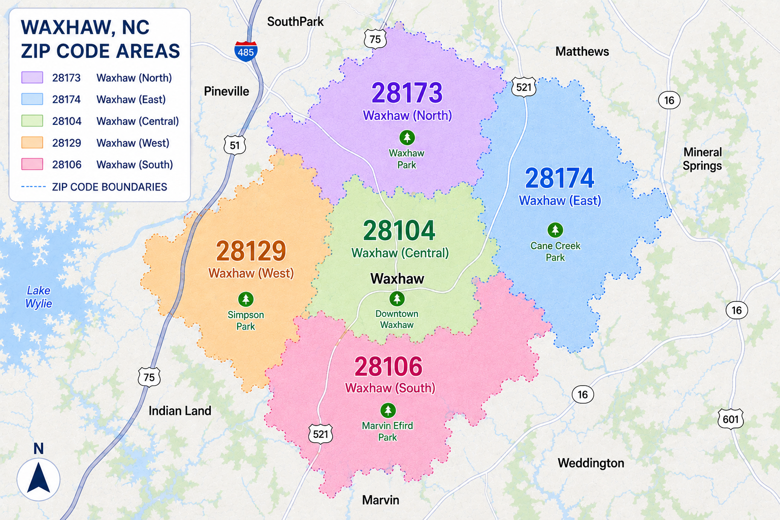 Map of Waxhaw, North Carolina zip code areas with boundaries, numbered zones (28173, 28174, 28104, 28129, 28106), some parks, highways, and nearby towns.