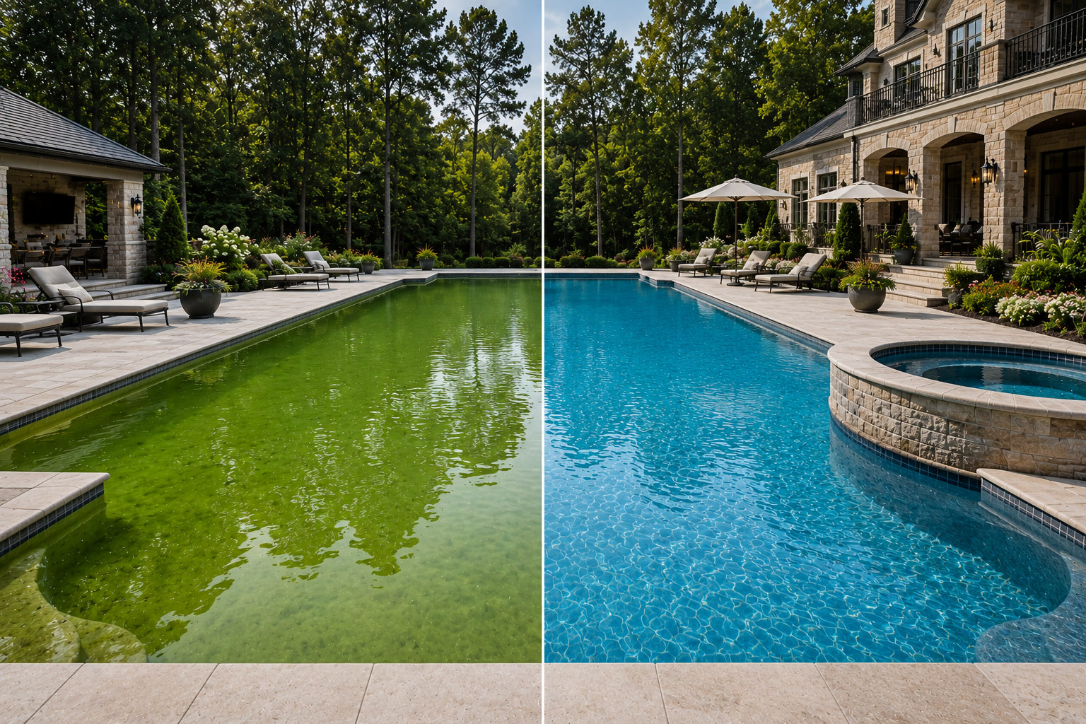 image of an AB Premium Aqua Solutions client that shows the before and after green to clean pool