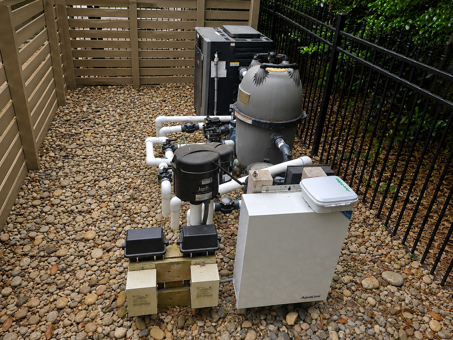 A backyard pool filtration system serviced by AB Premium Aqua Solutions with various pumps, filters, and pipes on a gravel ground, surrounded by wooden and metal fencing.