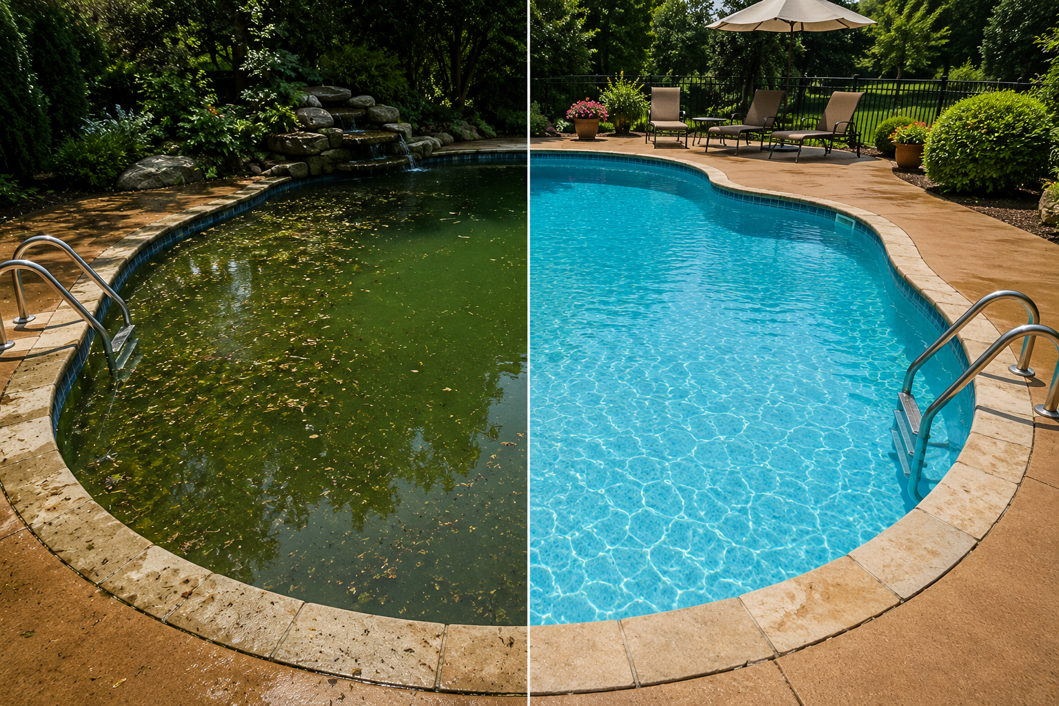 Comparison of a polluted, algae-covered swimming pool on the left side and a clean, blue swimming pool on the right side after being serviced by AB Premium Aqua Solutions.