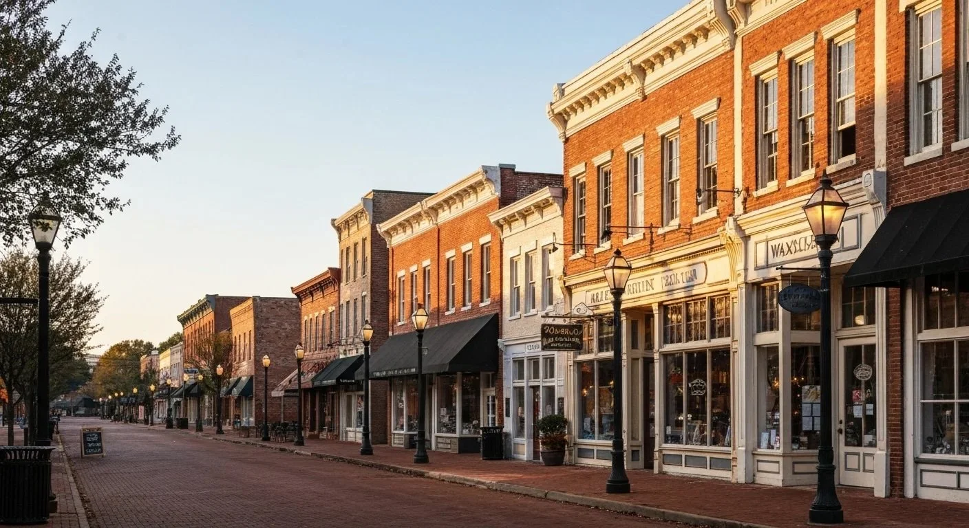Empty historic downtown street with brick buildings, storefronts, black lamp posts, and a few trees, during sunset.