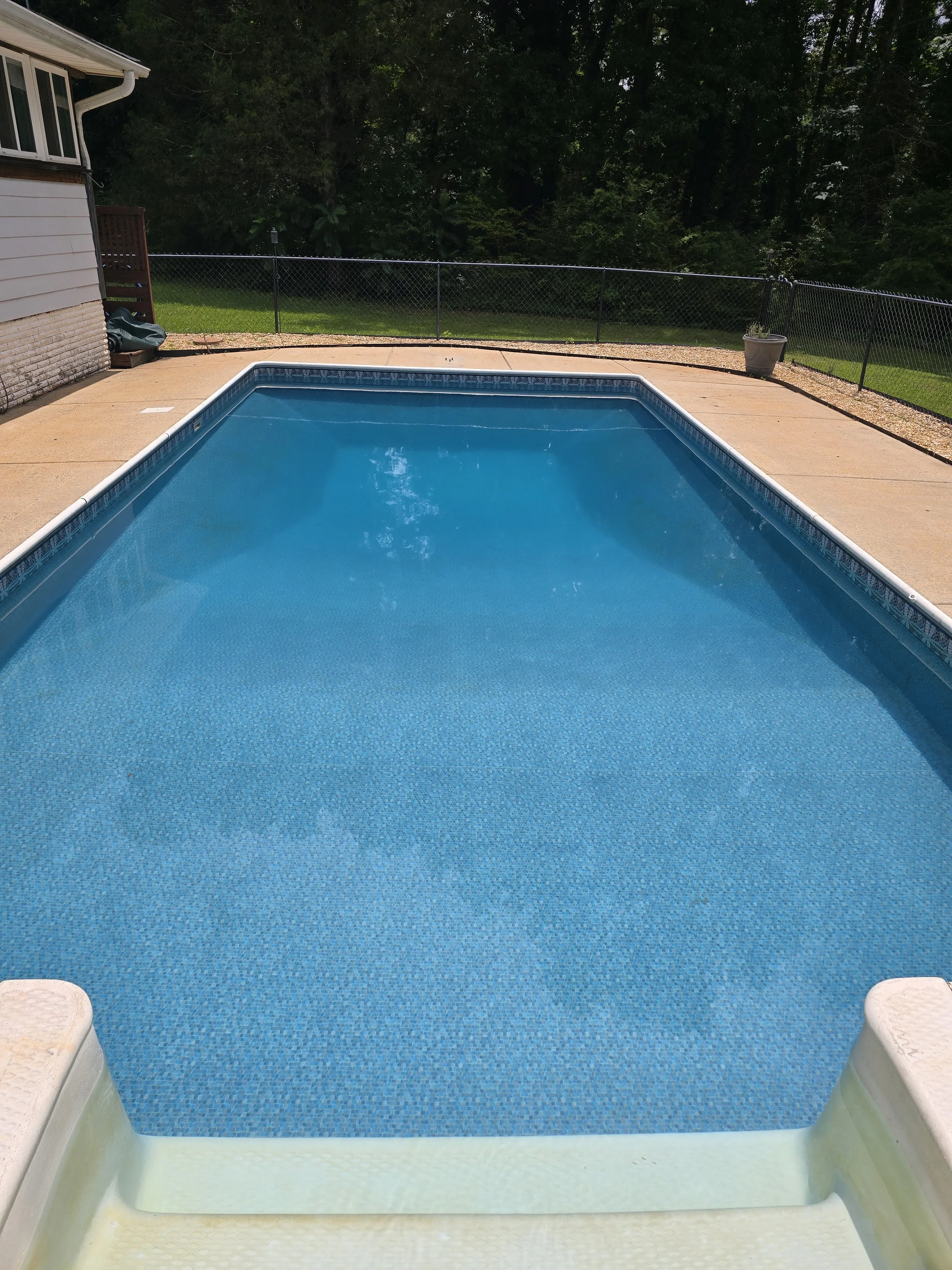 A backyard swimming pool after being serviced by AB Premium Aqua Solutions with a concrete deck, a chain-link fence, and a grassy area with trees in the background.