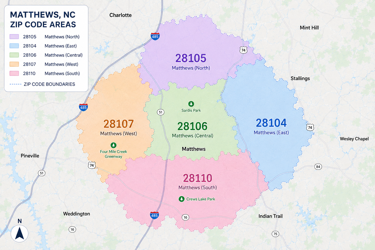 Map of Matthews, North Carolina showing ZIP code areas in different colors: purple for 28105, blue for 28104, green for 28106, orange for 28107, and pink for 28110. Major roads and parks are labeled.