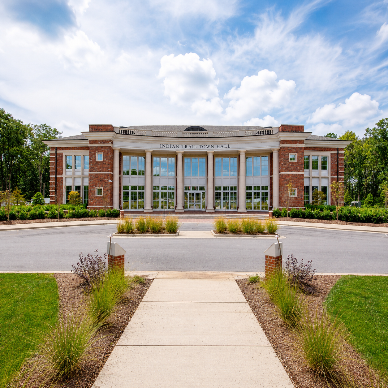 Front view of the Indian Trail Town Hall, a large brick building with tall columns and large windows, surrounded by landscaped greenery and a parking lot under a partly cloudy sky.