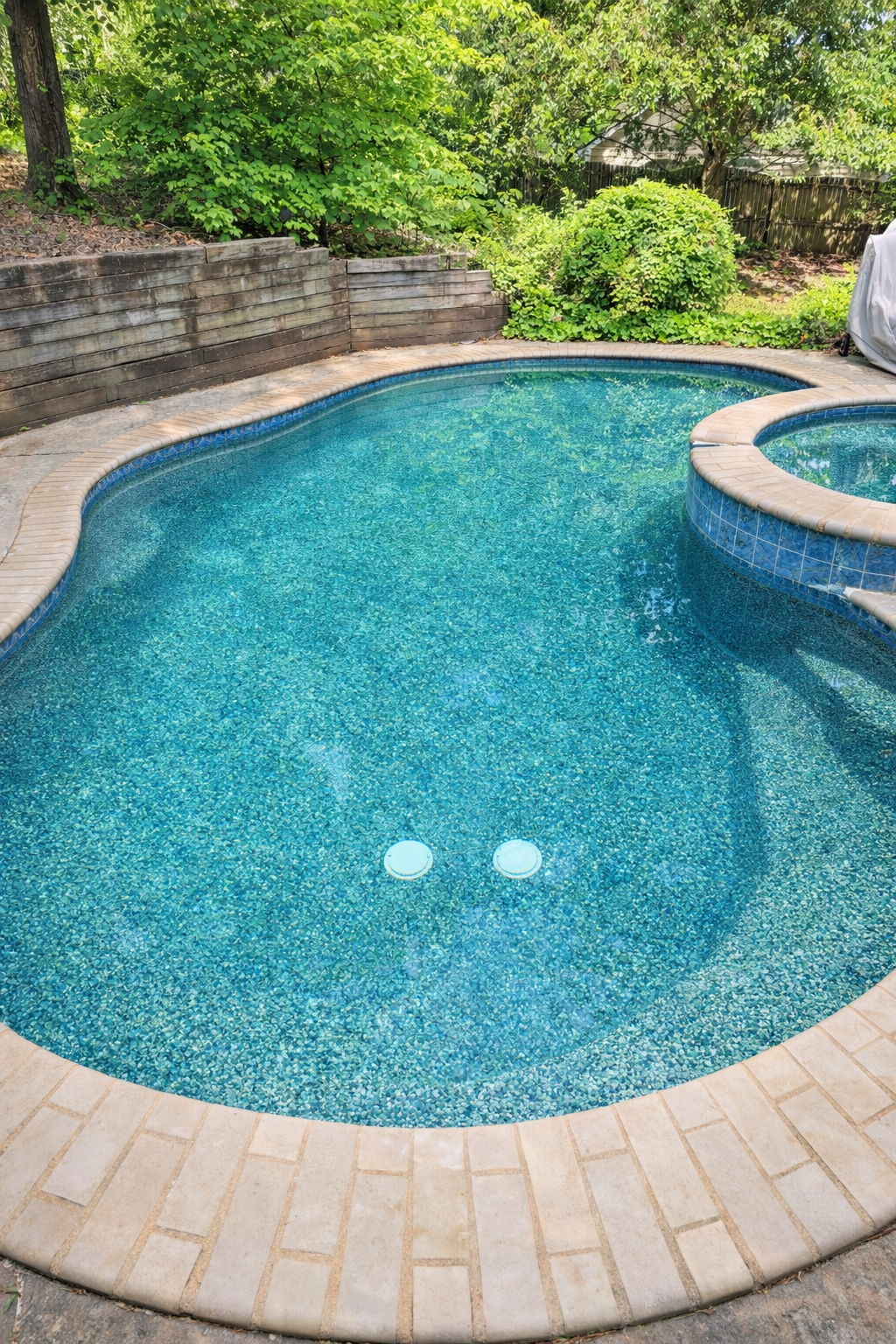 Backyard swimming pool in Charlotte, NC, serviced by AB Premium Aqua Solutions, with blue mosaic tiles, surrounded by a beige stone border, green trees and bushes in the background, a wooden fence, and covered outdoor furniture.