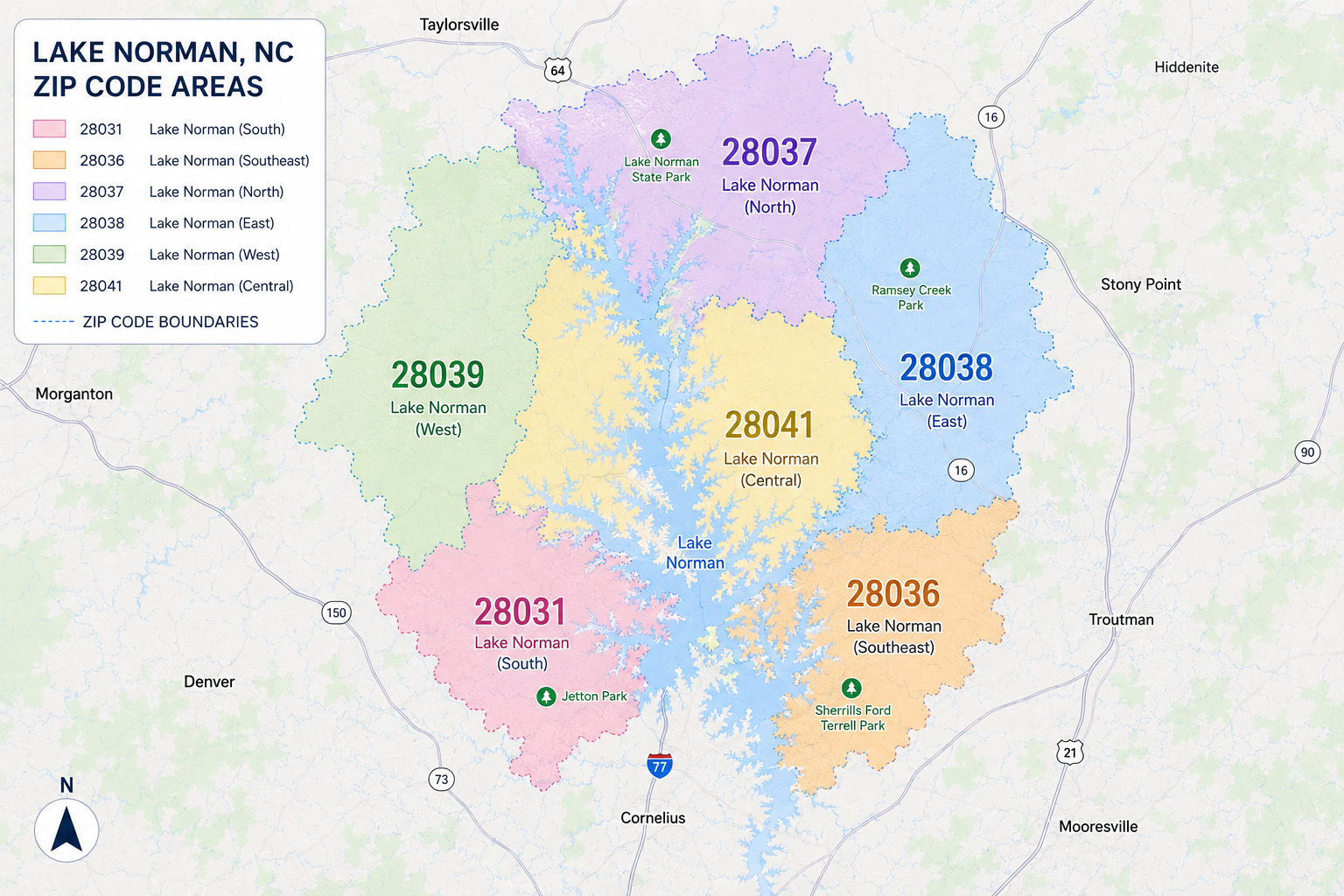 Map showing Lake Norman ZIP code areas in North Carolina, color coded and labeled with ZIP codes 28031, 28036, 28037, 28038, 28039, and 28041, including nearby parks and city locations.