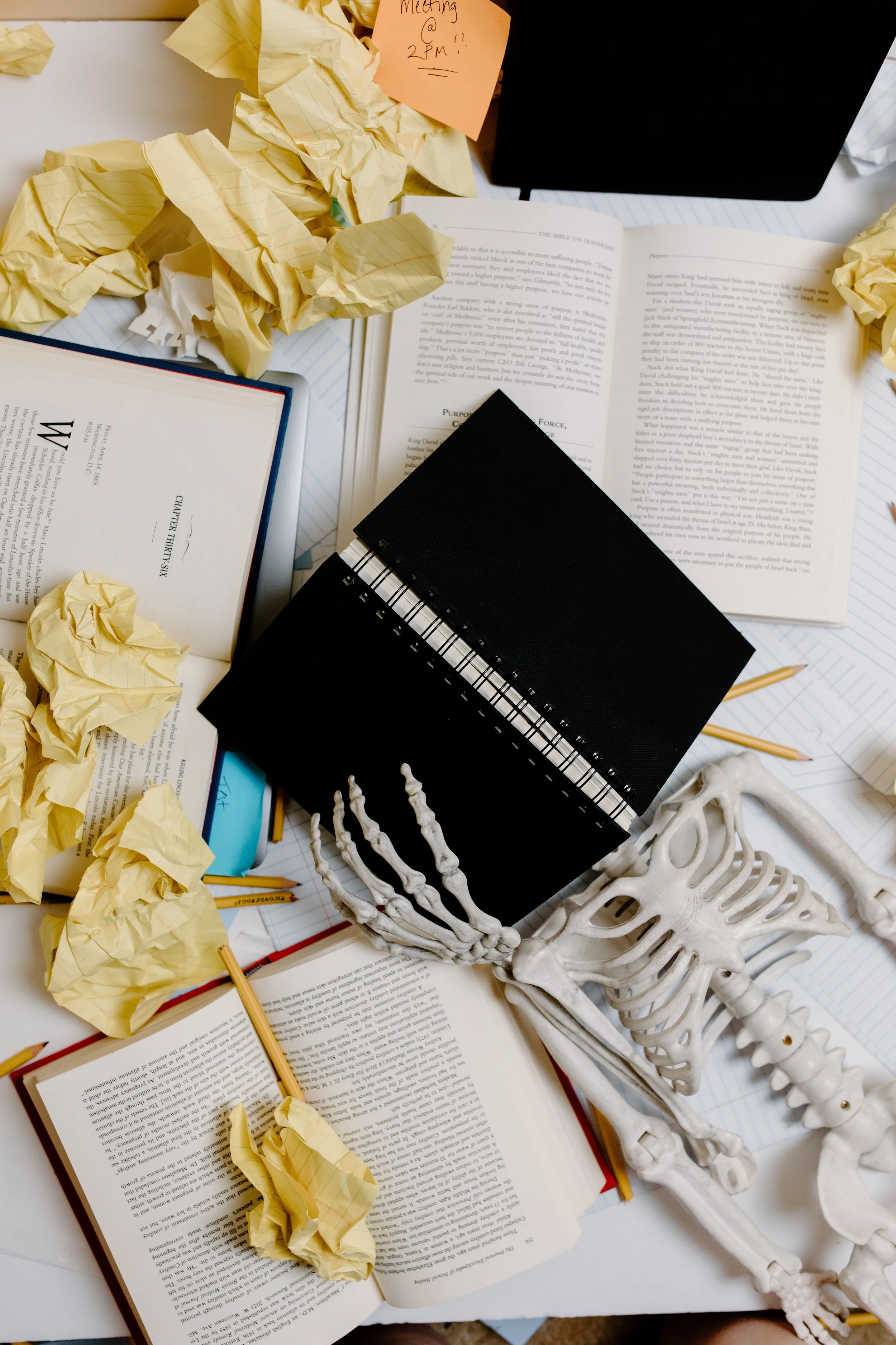 A cluttered desk with crumpled yellow paper, open books, a black notebook, graph paper, and a small human skull model. There's also a small skeleton model on the desk and a note that reads 'Meeting @ 2 PM!'