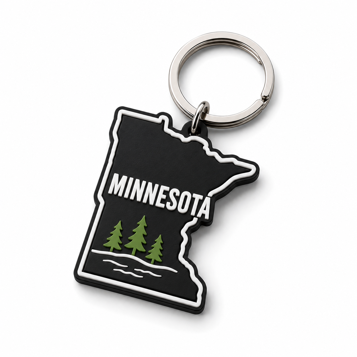 Minnesota-shaped keychain with green trees and the word Minnesota in white